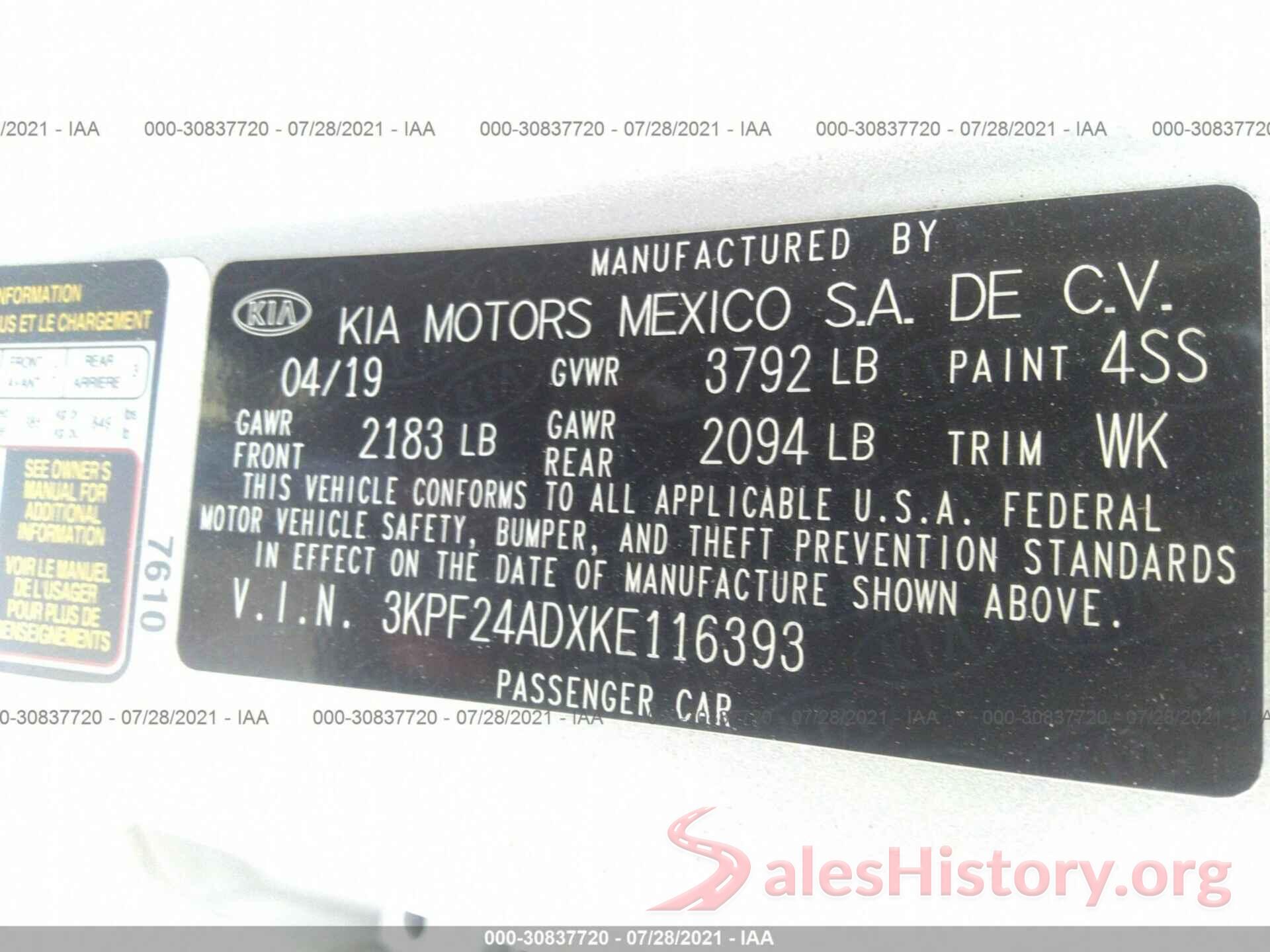 3KPF24ADXKE116393 2019 KIA FORTE