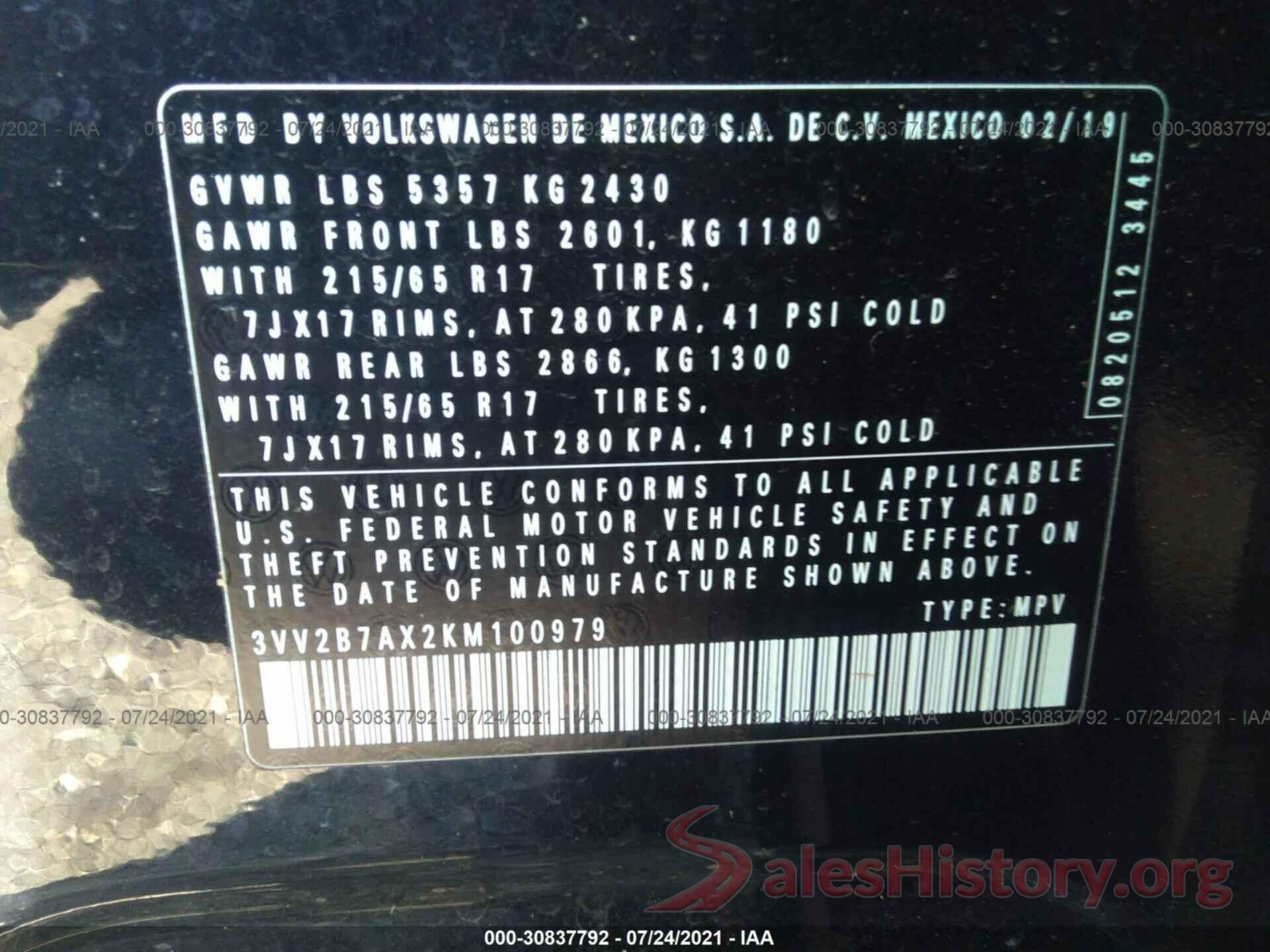 3VV2B7AX2KM100979 2019 VOLKSWAGEN TIGUAN