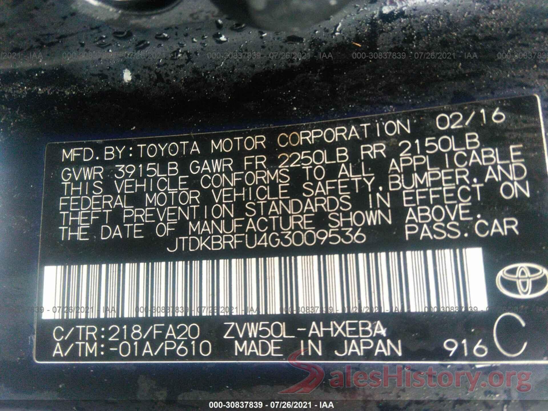 JTDKBRFU4G3009536 2016 TOYOTA PRIUS