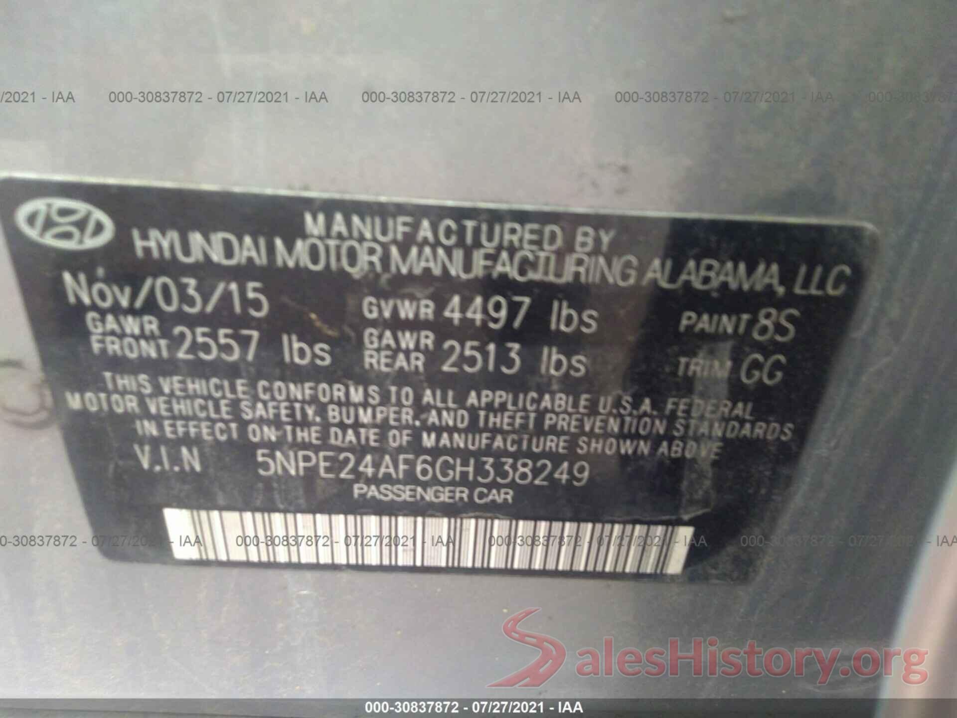 5NPE24AF6GH338249 2016 HYUNDAI SONATA