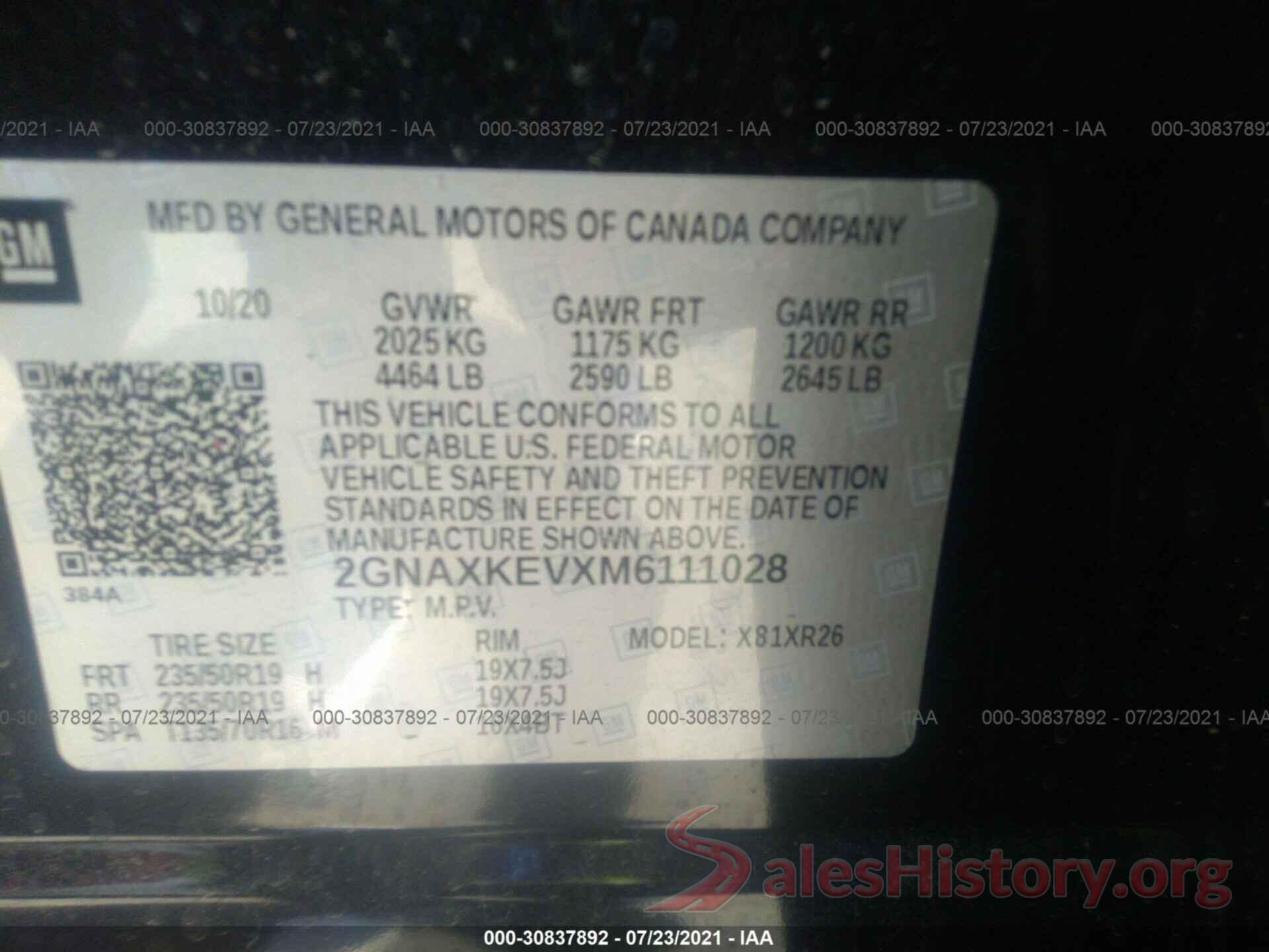 2GNAXKEVXM6111028 2021 CHEVROLET EQUINOX