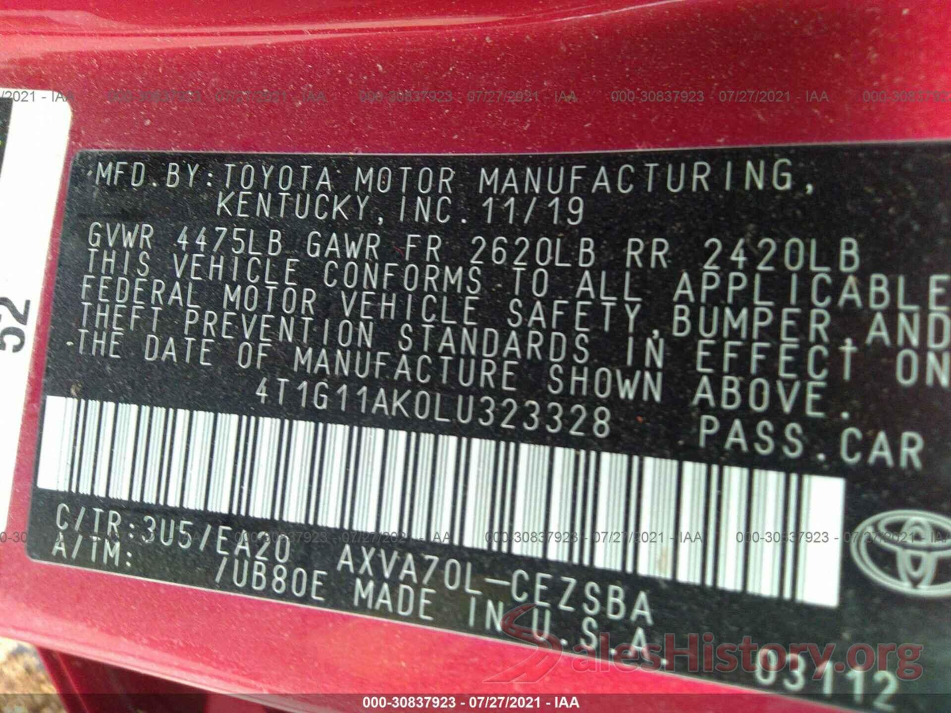 4T1G11AK0LU323328 2020 TOYOTA CAMRY