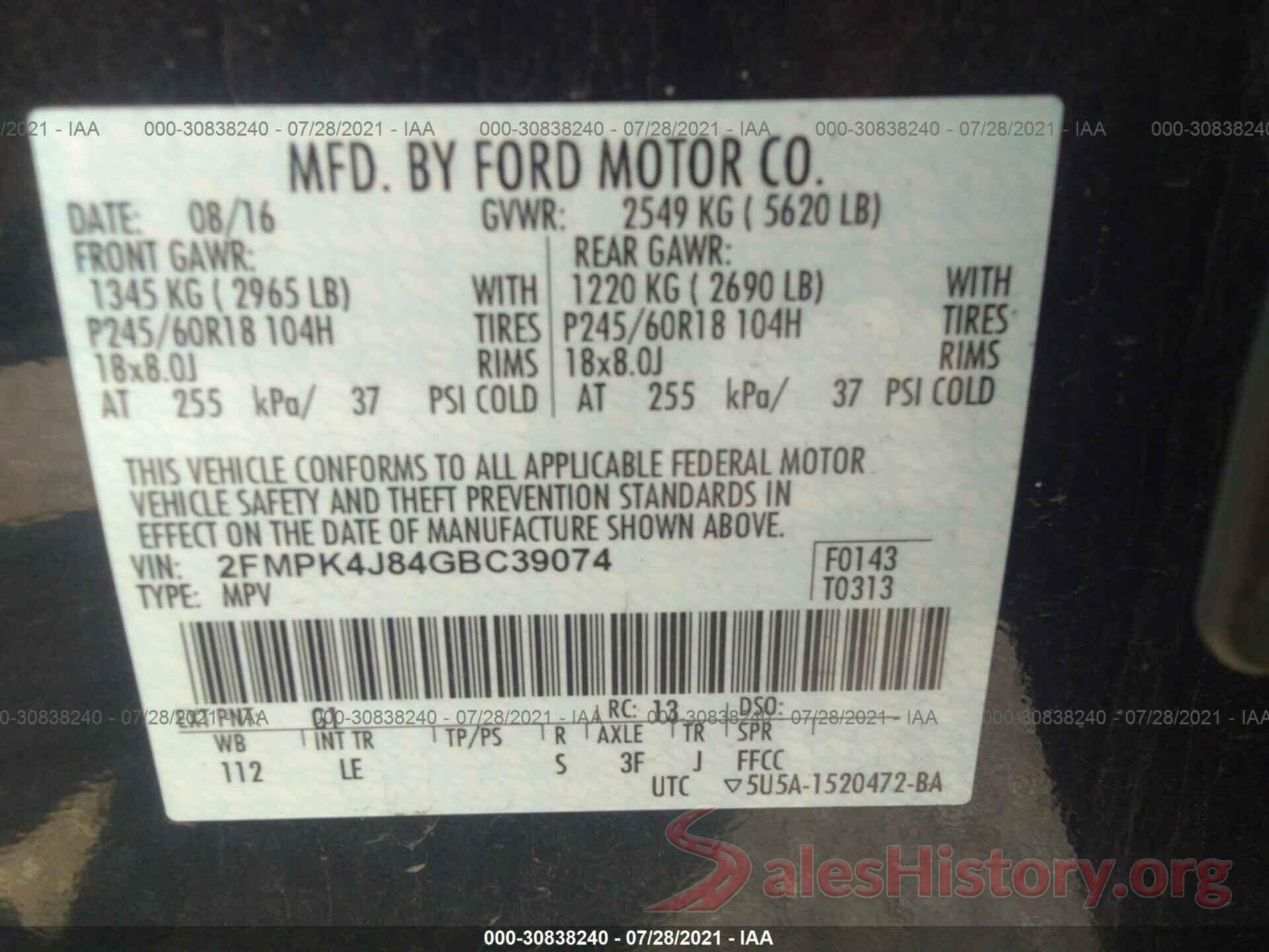 2FMPK4J84GBC39074 2016 FORD EDGE