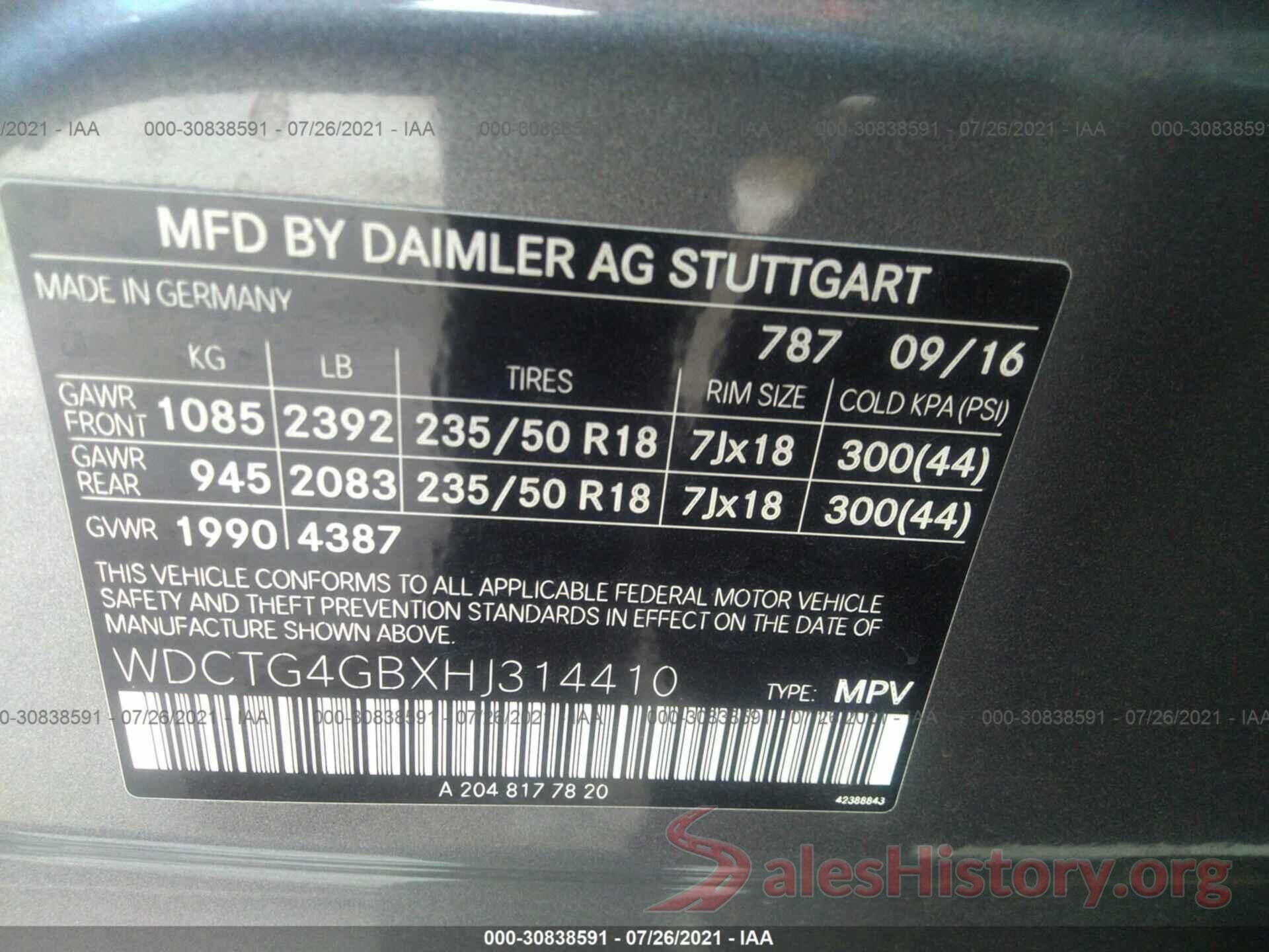 WDCTG4GBXHJ314410 2017 MERCEDES-BENZ GLA