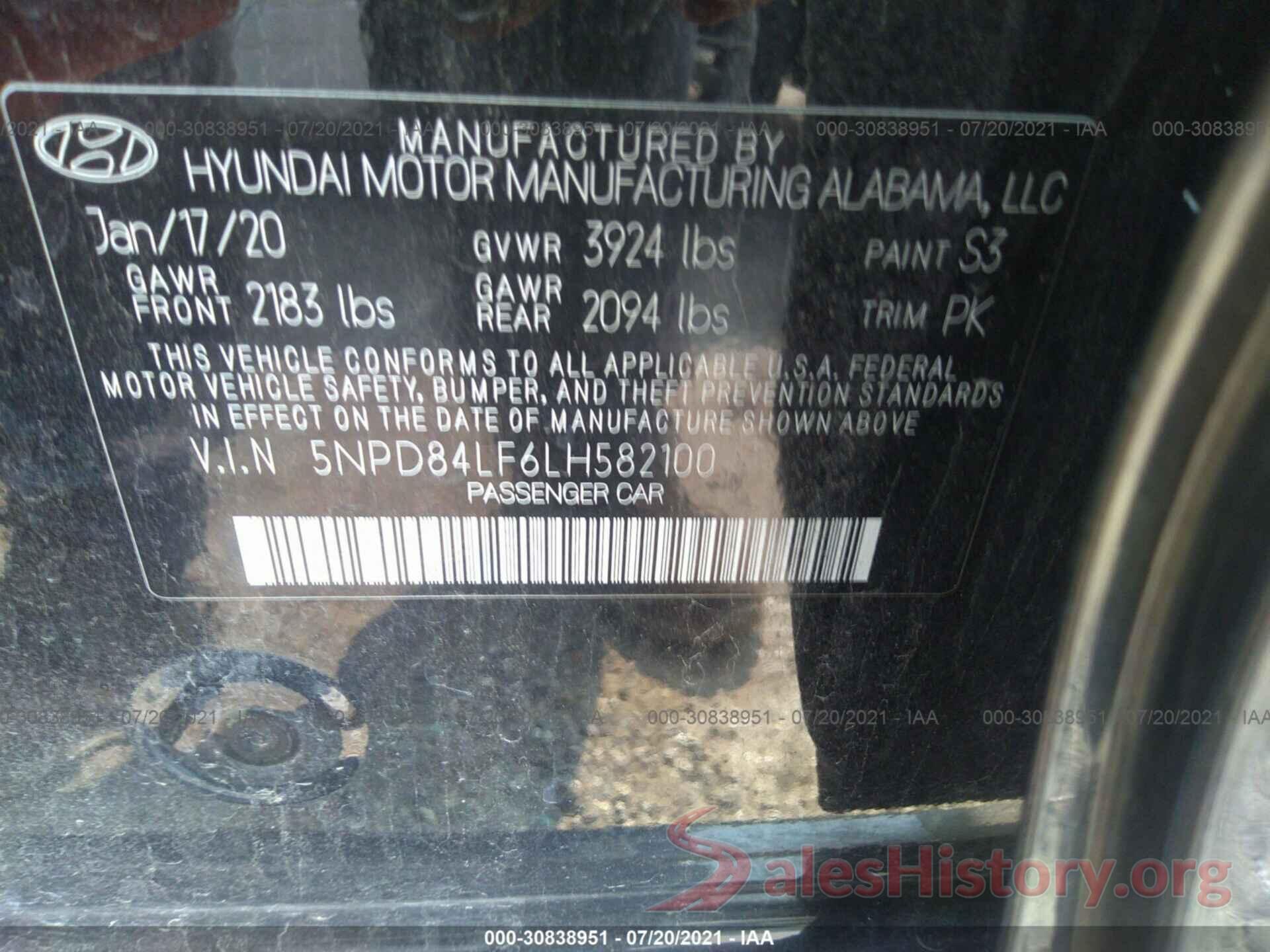 5NPD84LF6LH582100 2020 HYUNDAI ELANTRA