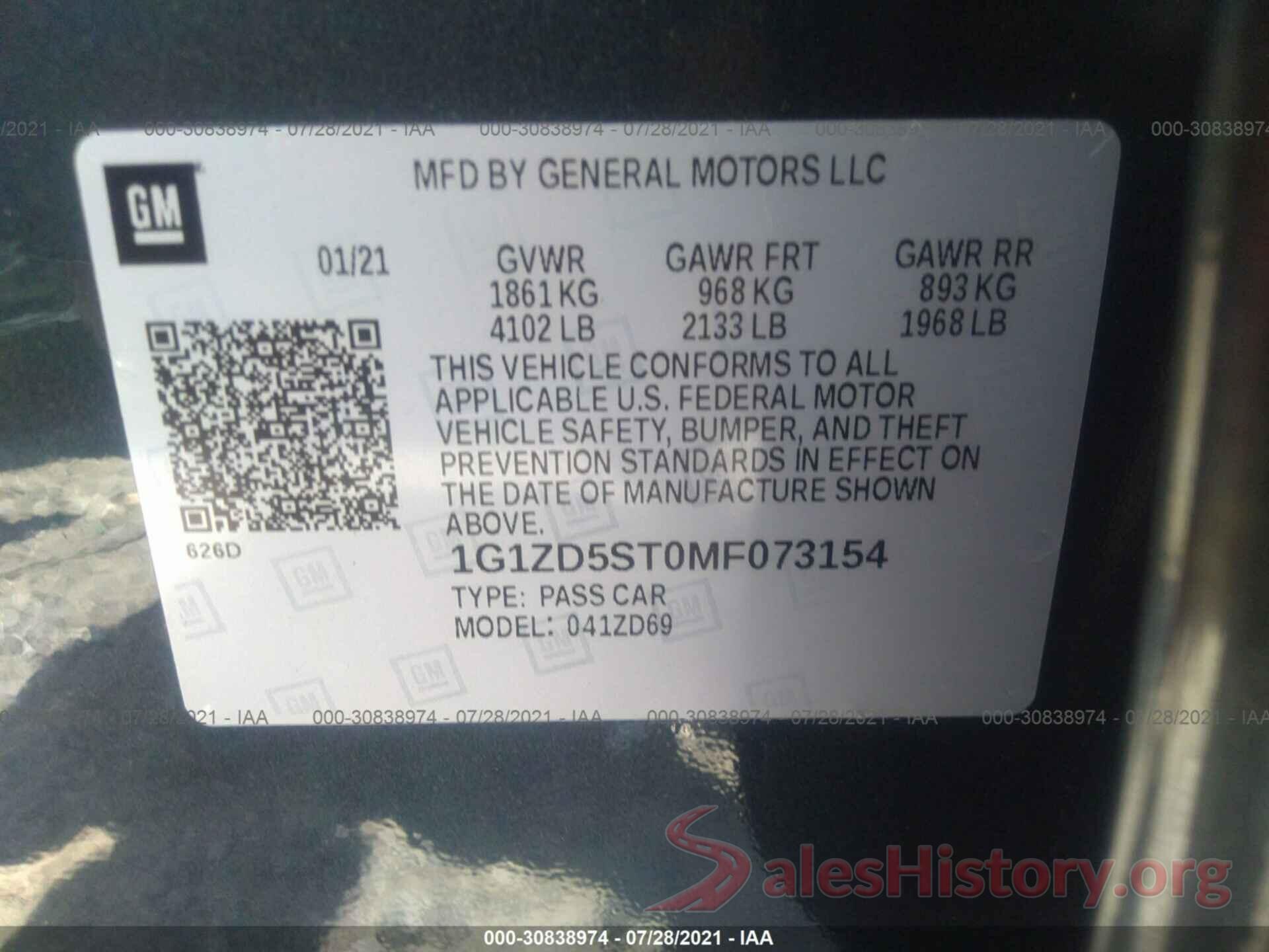 1G1ZD5ST0MF073154 2021 CHEVROLET MALIBU