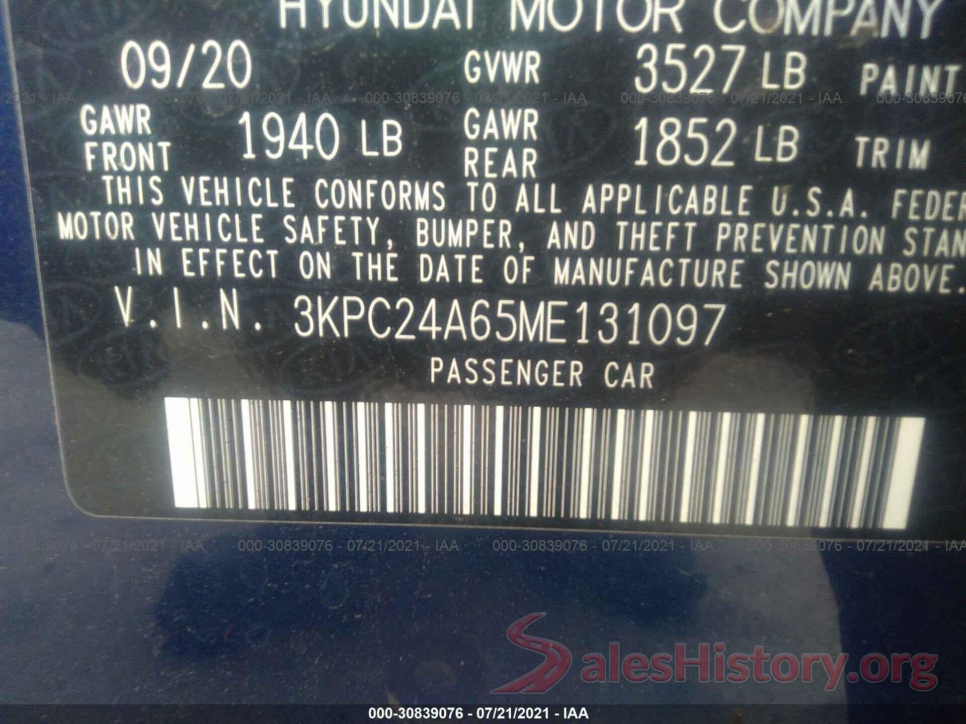 3KPC24A65ME131097 2021 HYUNDAI ACCENT