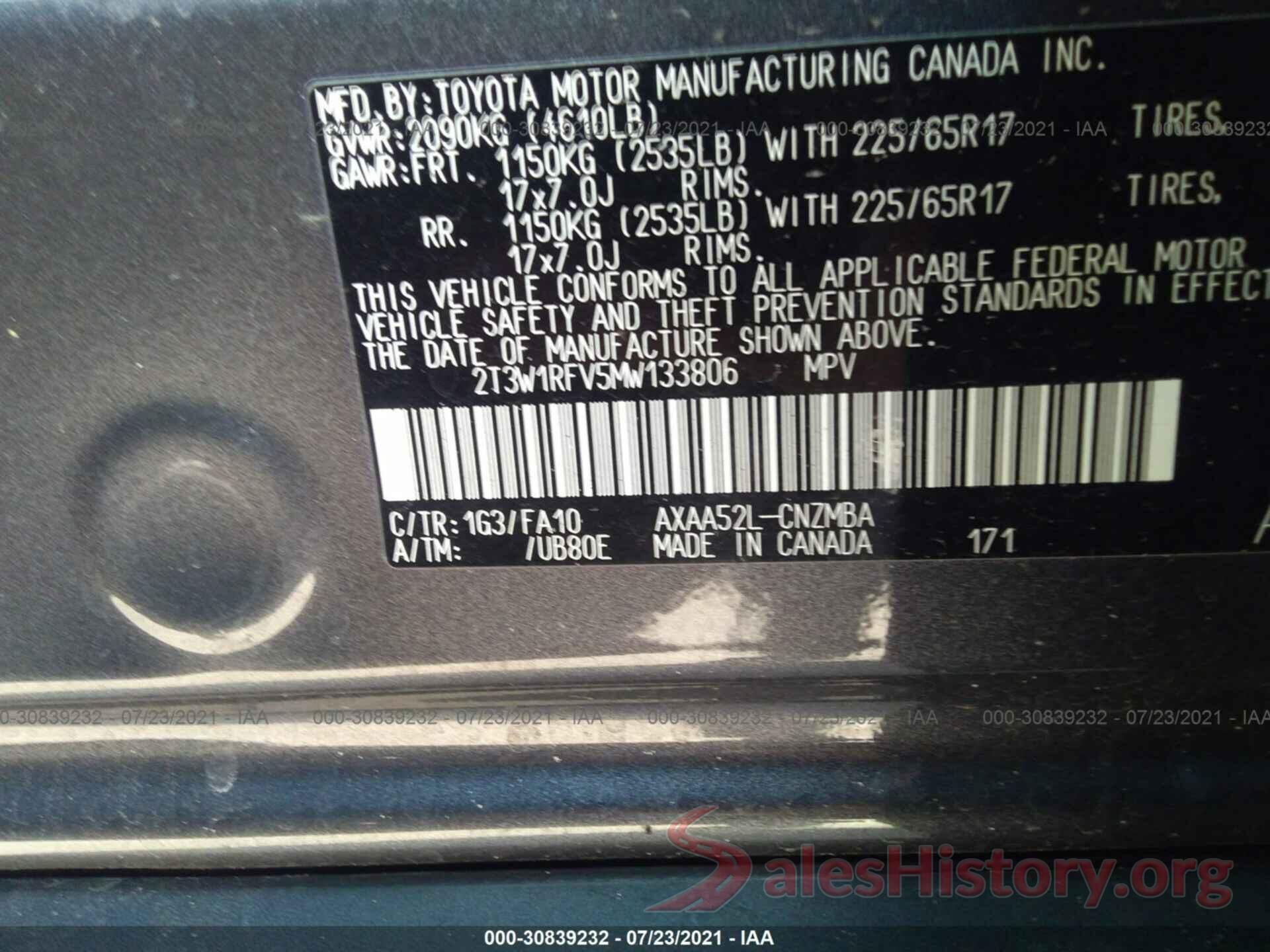 2T3W1RFV5MW133806 2021 TOYOTA RAV4