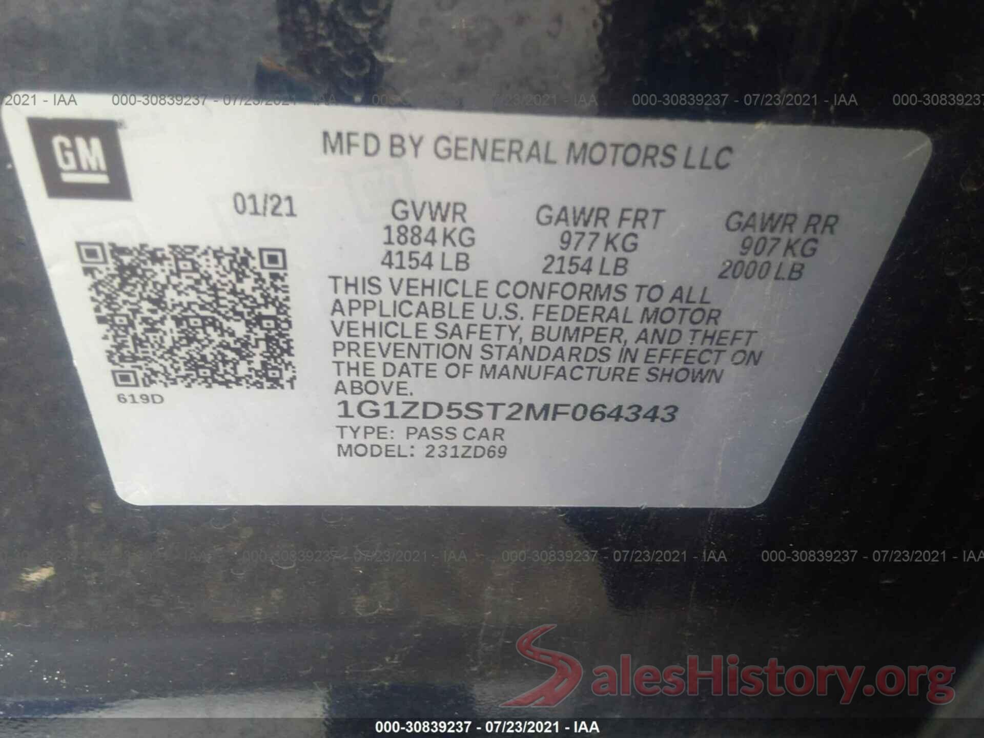 1G1ZD5ST2MF064343 2021 CHEVROLET MALIBU