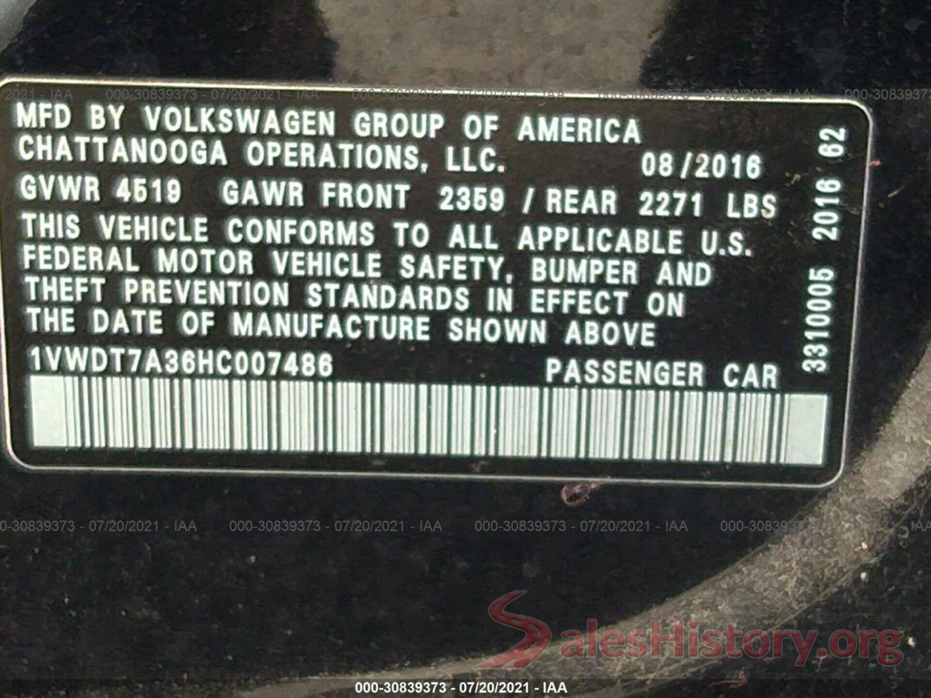 1VWDT7A36HC007486 2017 VOLKSWAGEN PASSAT