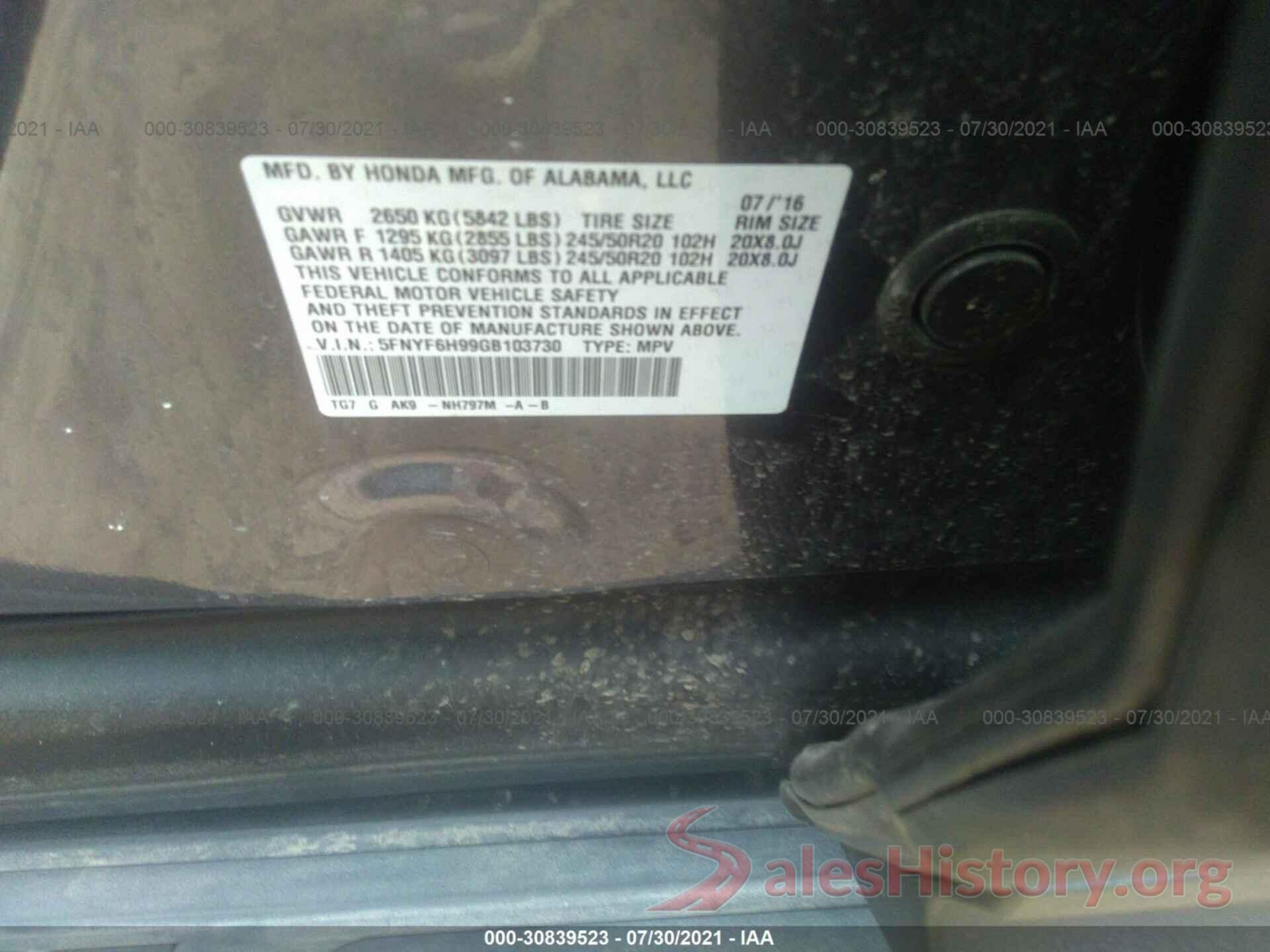 5FNYF6H99GB103730 2016 HONDA PILOT