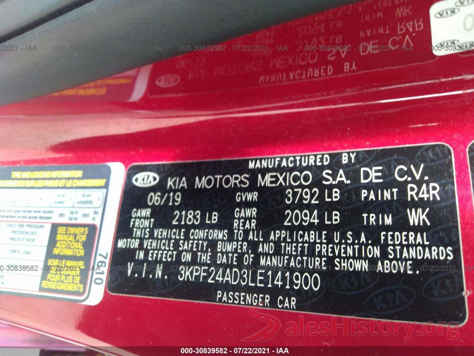 3KPF24AD3LE141900 2020 KIA FORTE