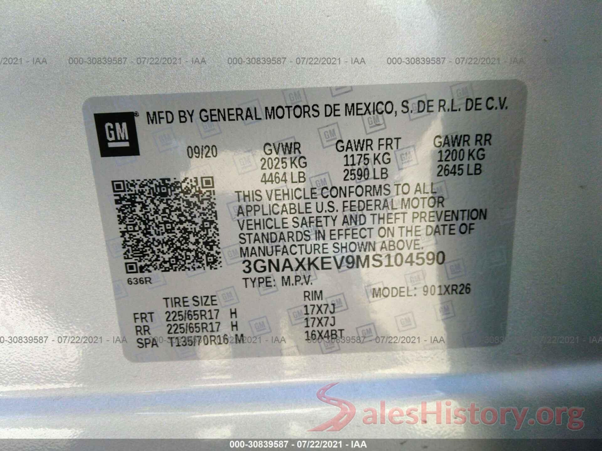 3GNAXKEV9MS104590 2021 CHEVROLET EQUINOX