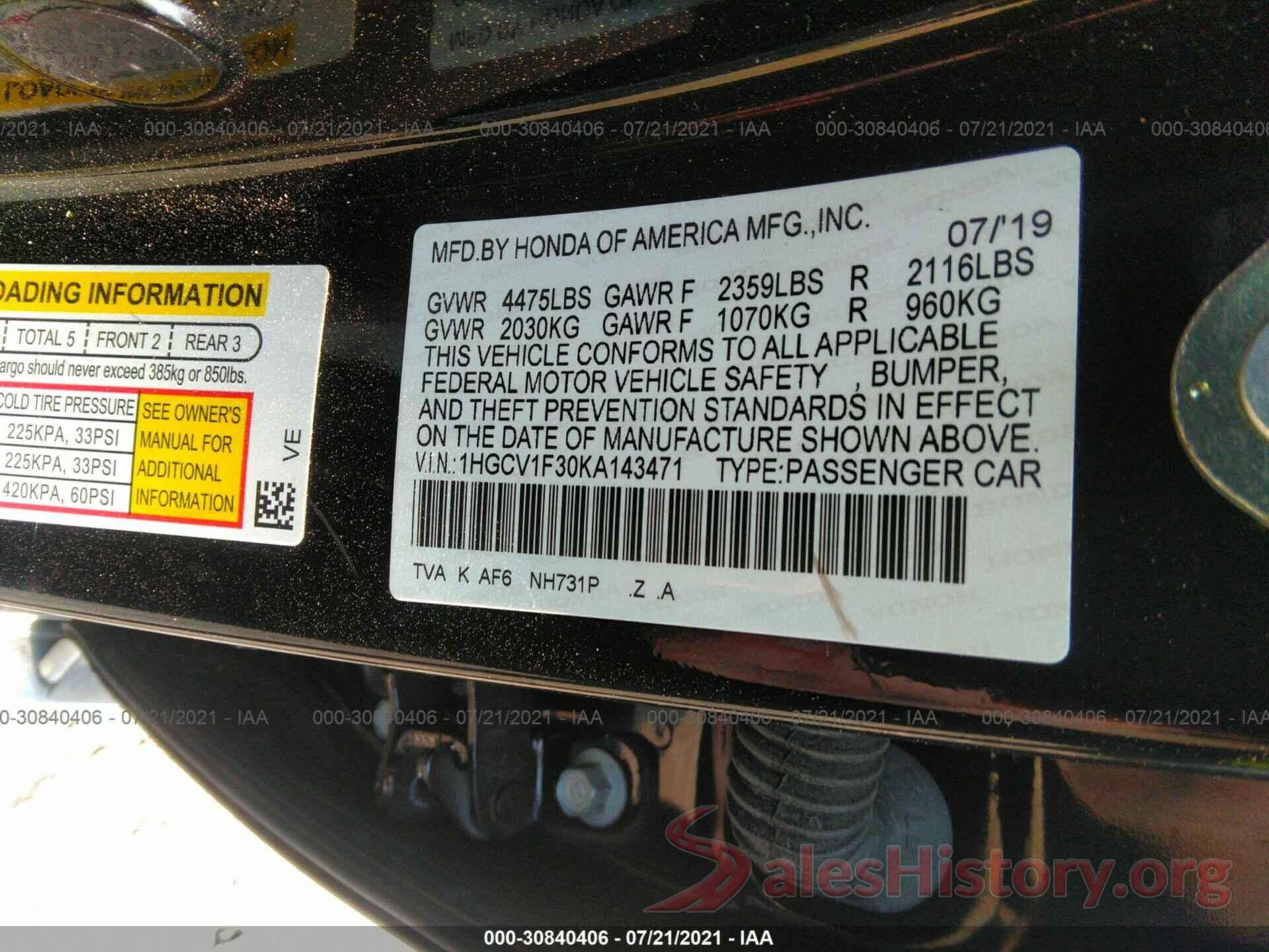 1HGCV1F30KA143471 2019 HONDA ACCORD SEDAN