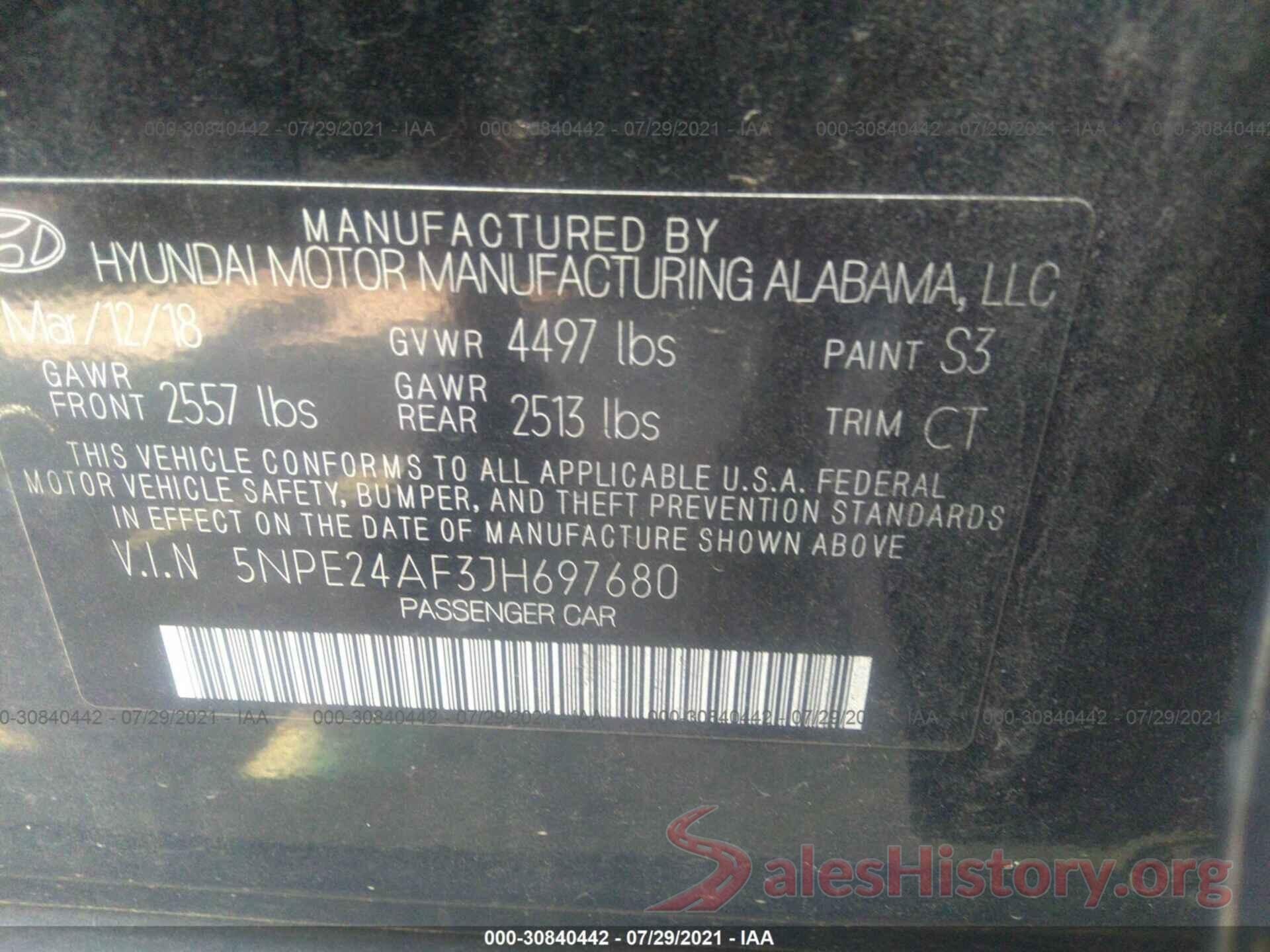 5NPE24AF3JH697680 2018 HYUNDAI SONATA