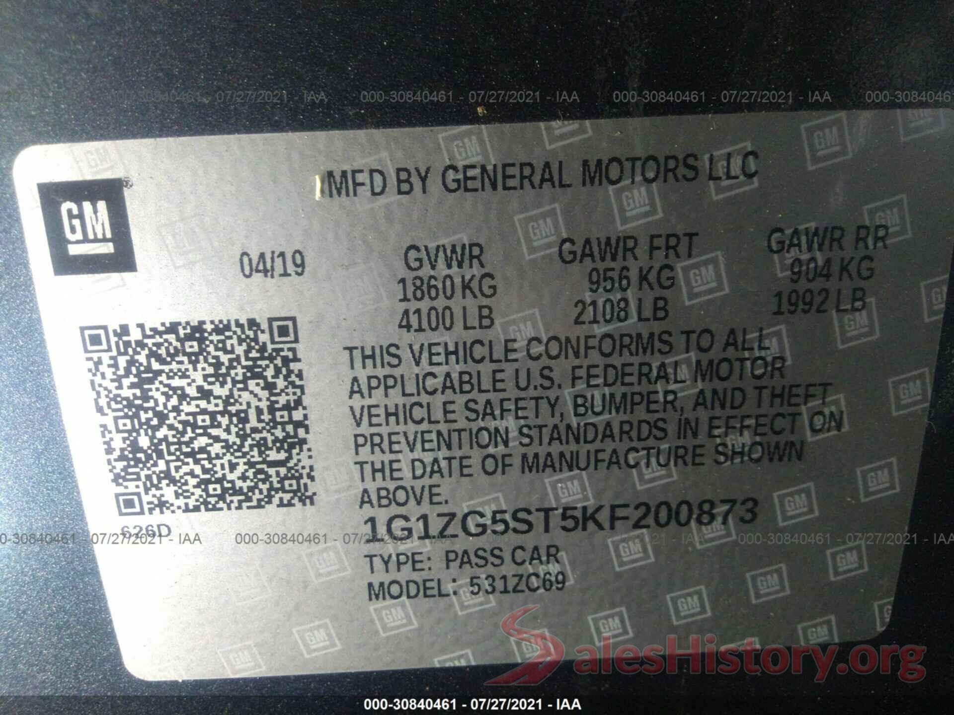 1G1ZG5ST5KF200873 2019 CHEVROLET MALIBU