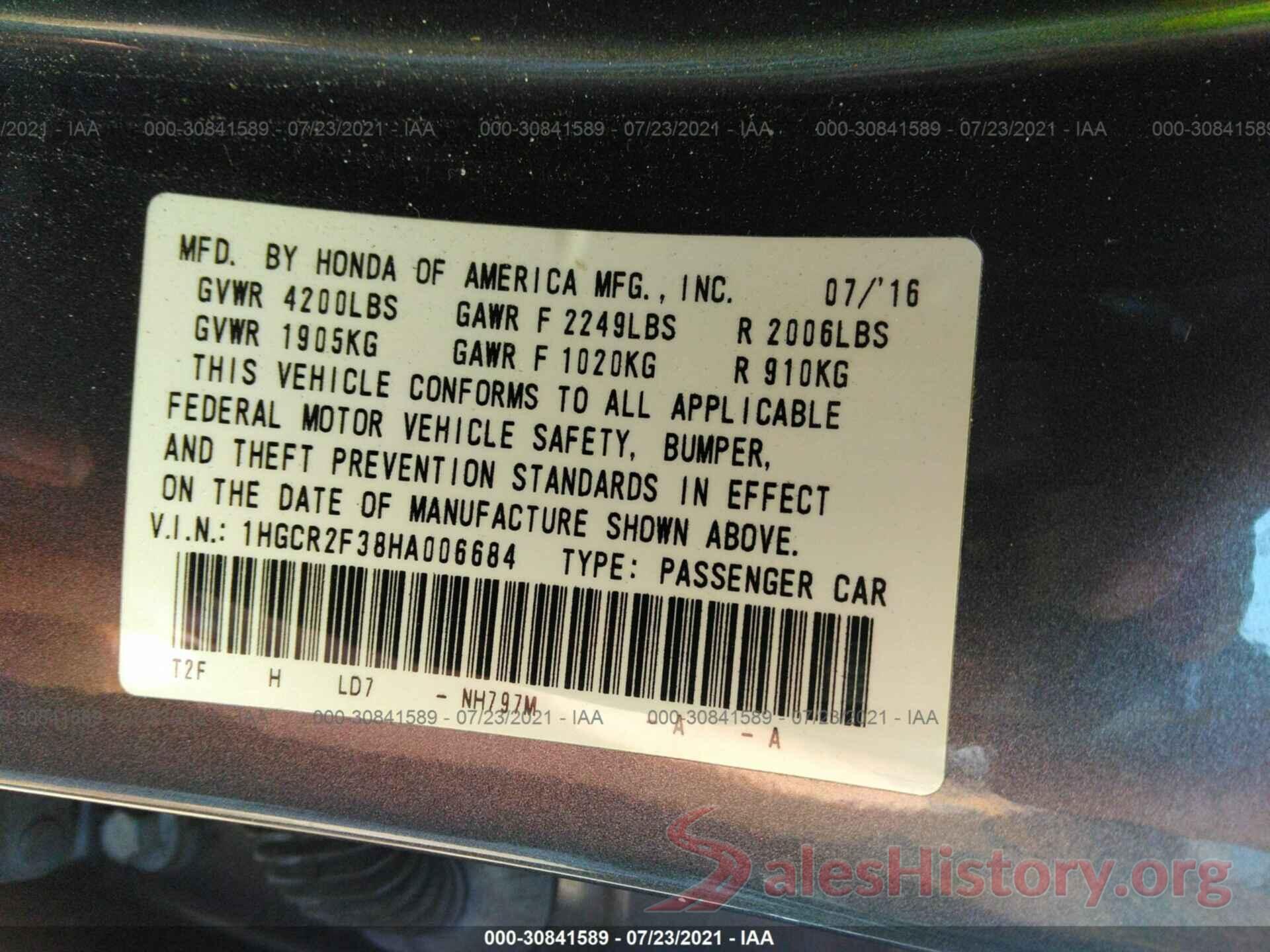 1HGCR2F38HA006684 2017 HONDA ACCORD SEDAN