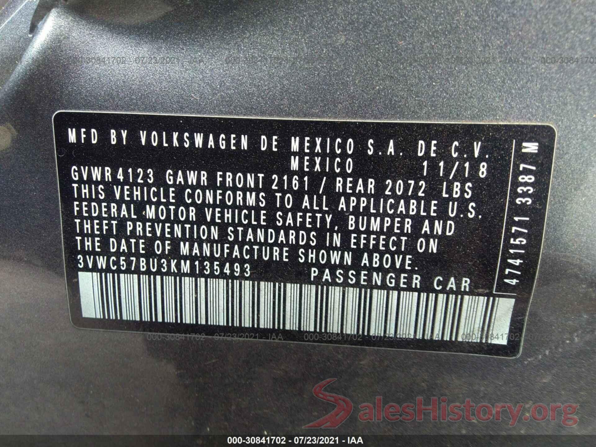 3VWC57BU3KM135493 2019 VOLKSWAGEN JETTA