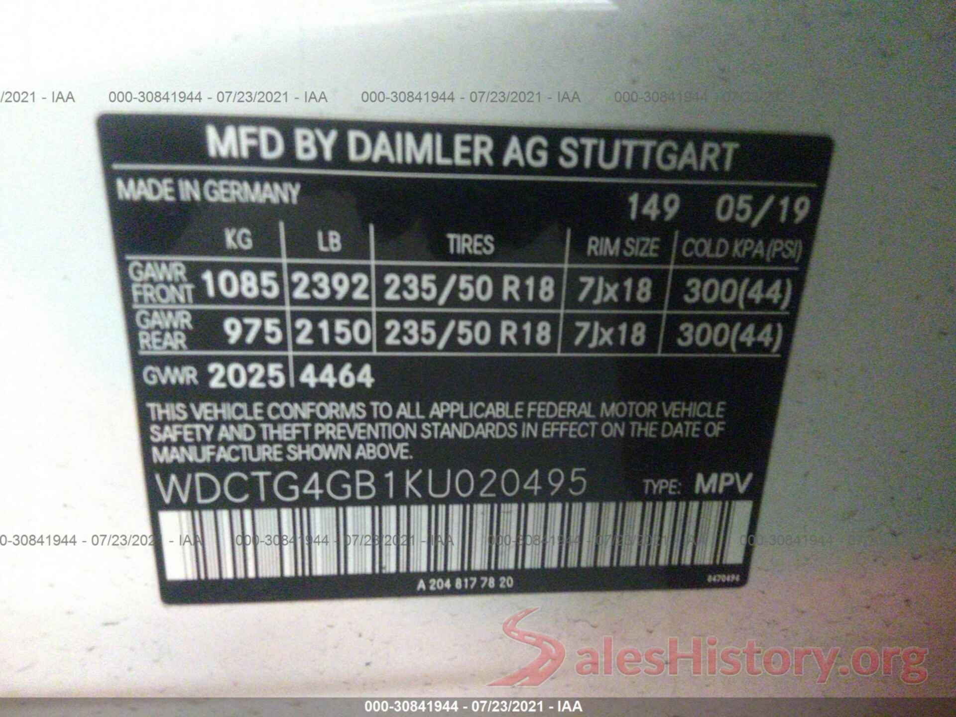 WDCTG4GB1KU020495 2019 MERCEDES-BENZ GLA