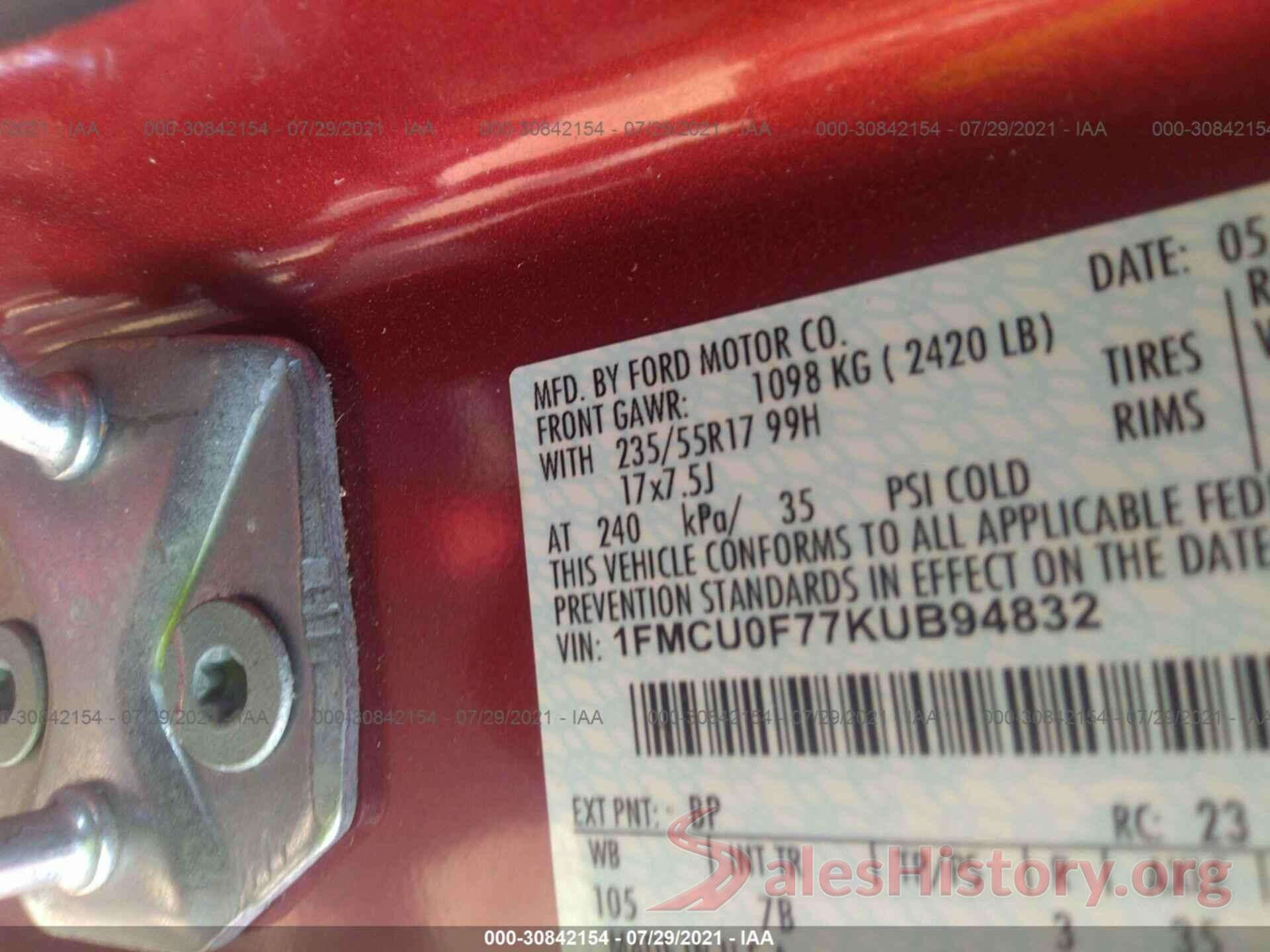 1FMCU0F77KUB94832 2019 FORD ESCAPE