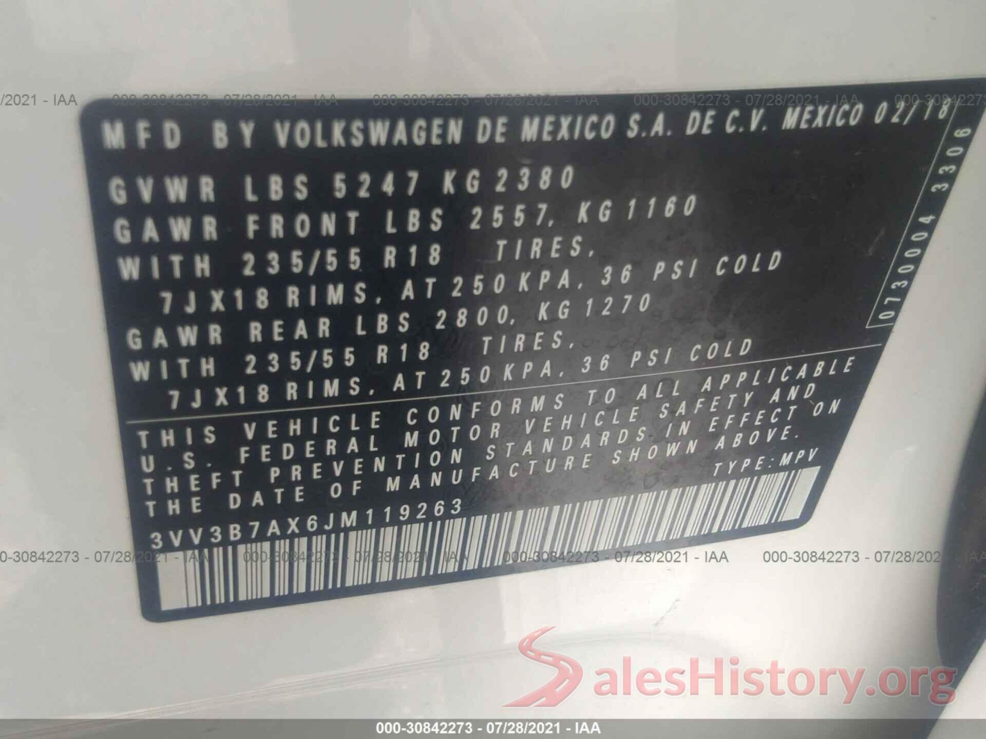 3VV3B7AX6JM119263 2018 VOLKSWAGEN TIGUAN