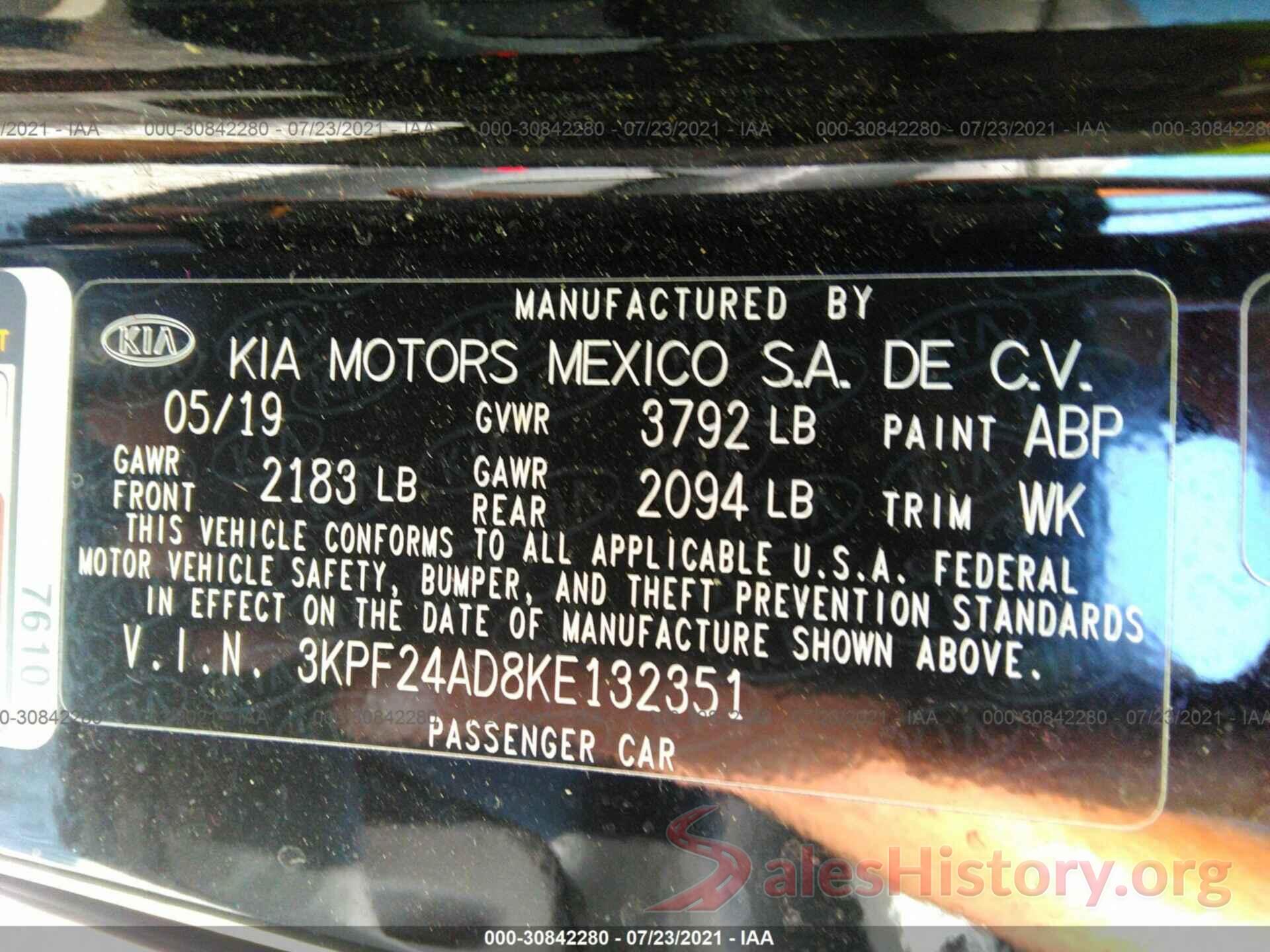 3KPF24AD8KE132351 2019 KIA FORTE