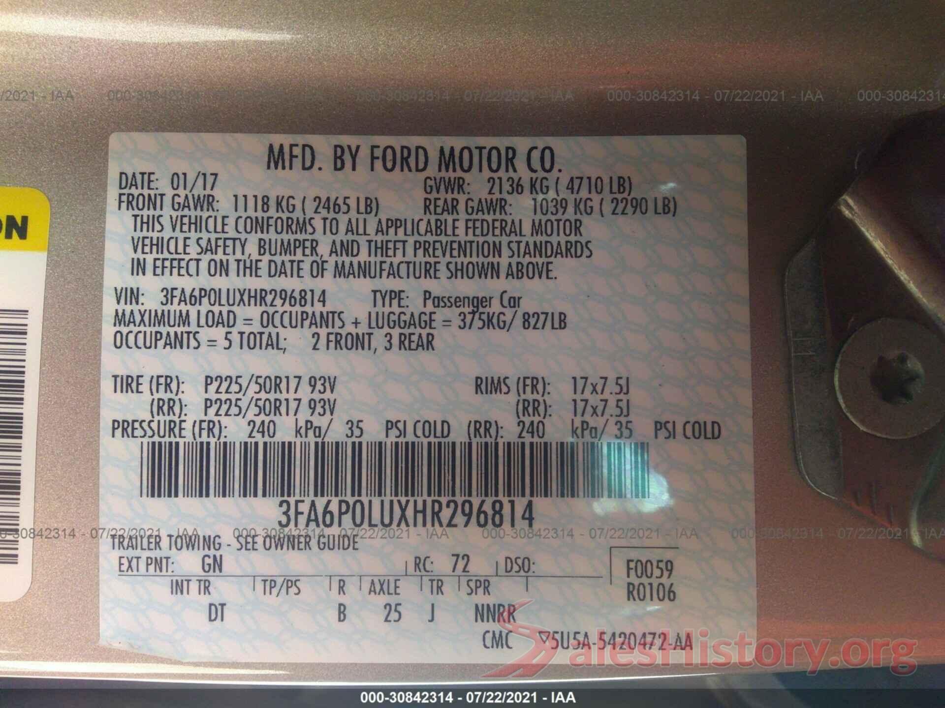 3FA6P0LUXHR296814 2017 FORD FUSION