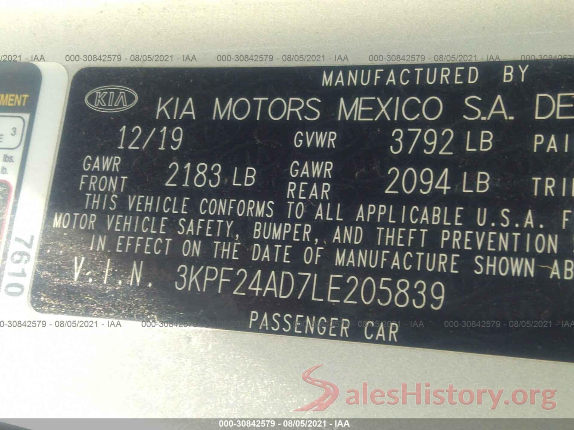 3KPF24AD7LE205839 2020 KIA FORTE