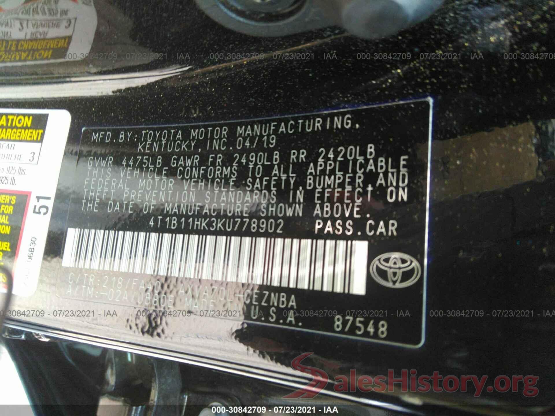 4T1B11HK3KU778902 2019 TOYOTA CAMRY