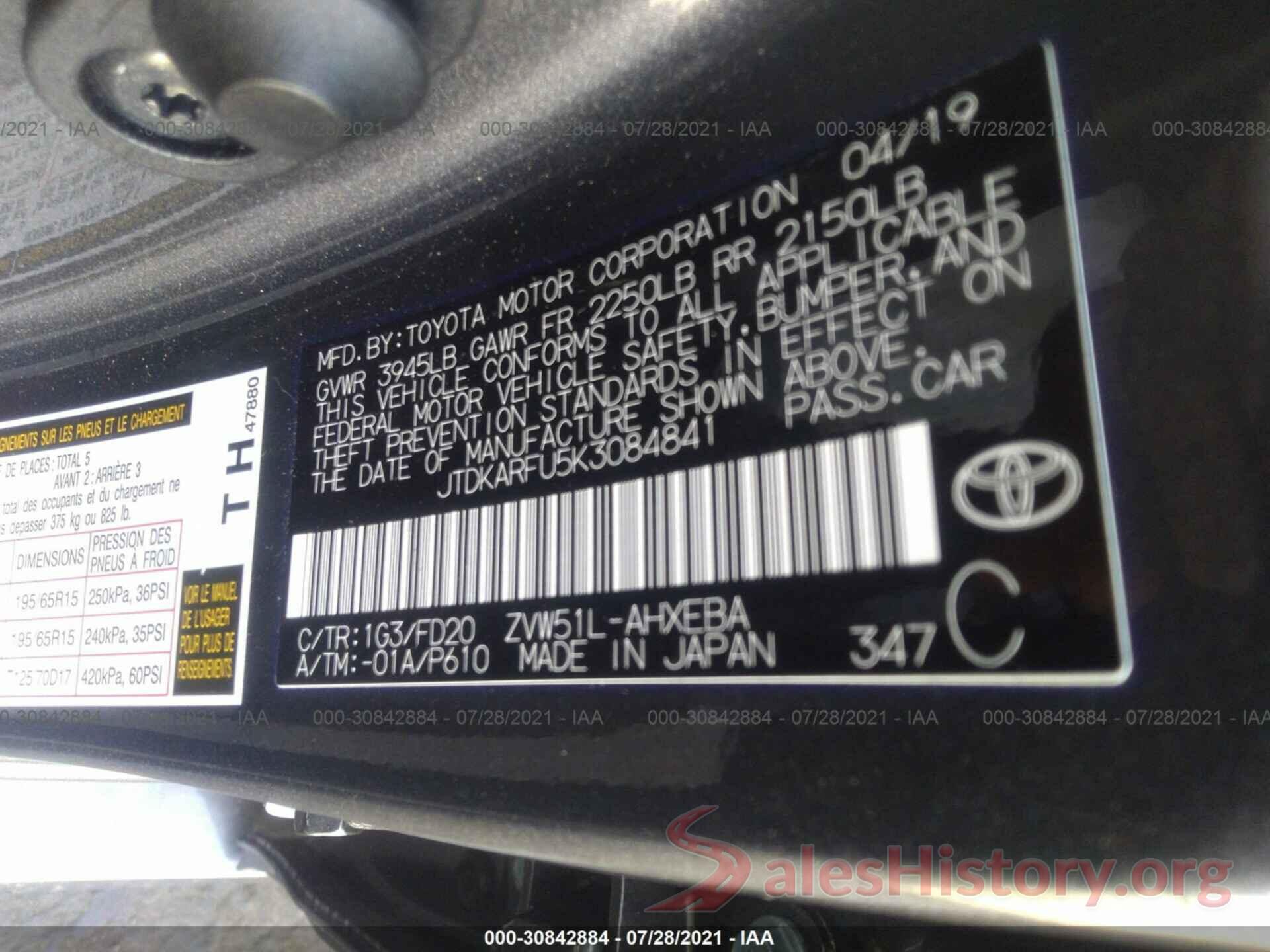 JTDKARFU5K3084841 2019 TOYOTA PRIUS