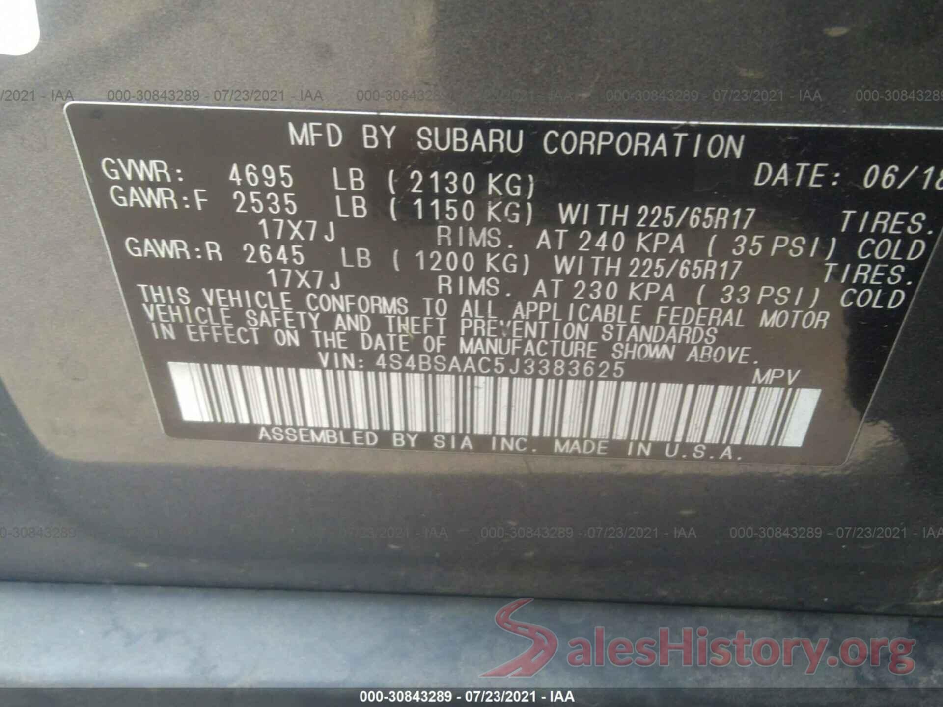 4S4BSAAC5J3383625 2018 SUBARU OUTBACK