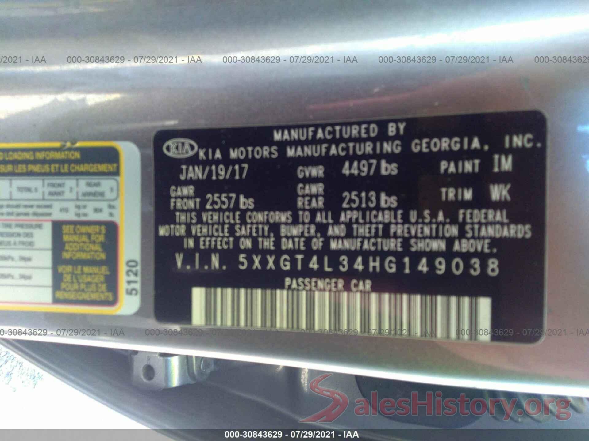 5XXGT4L34HG149038 2017 KIA OPTIMA