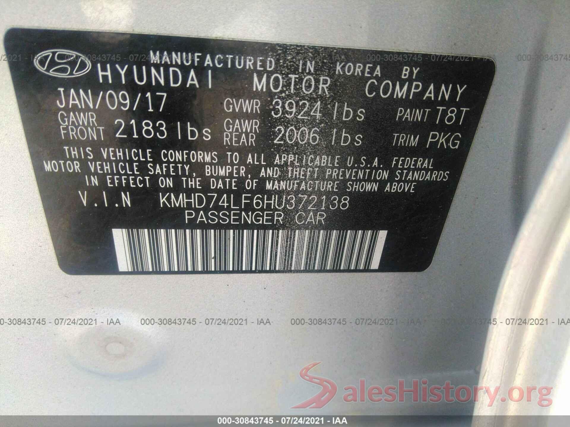 KMHD74LF6HU372138 2017 HYUNDAI ELANTRA