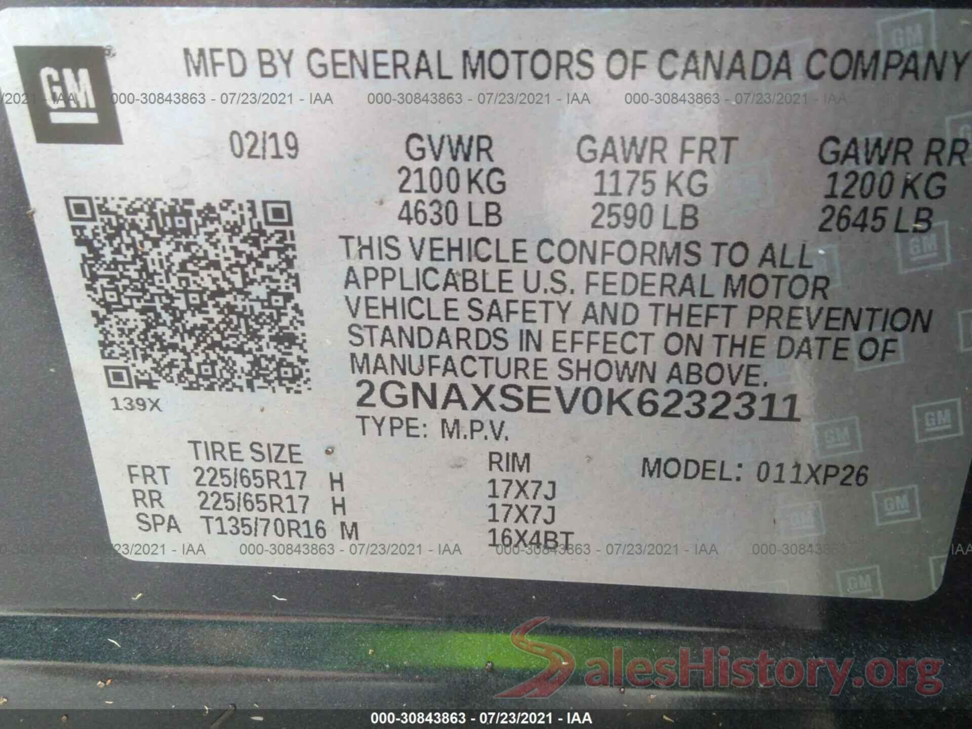 2GNAXSEV0K6232311 2019 CHEVROLET EQUINOX