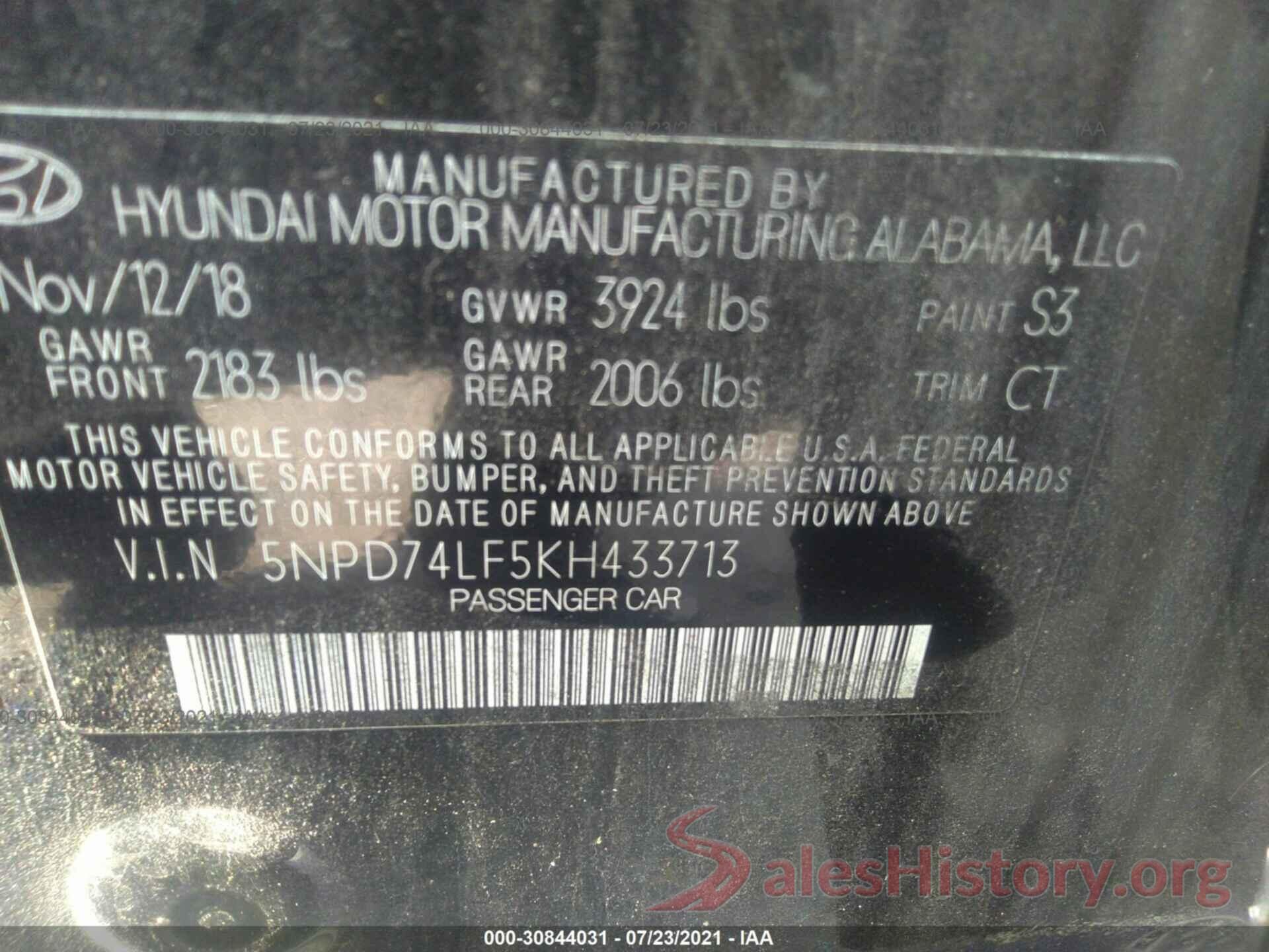 5NPD74LF5KH433713 2019 HYUNDAI ELANTRA