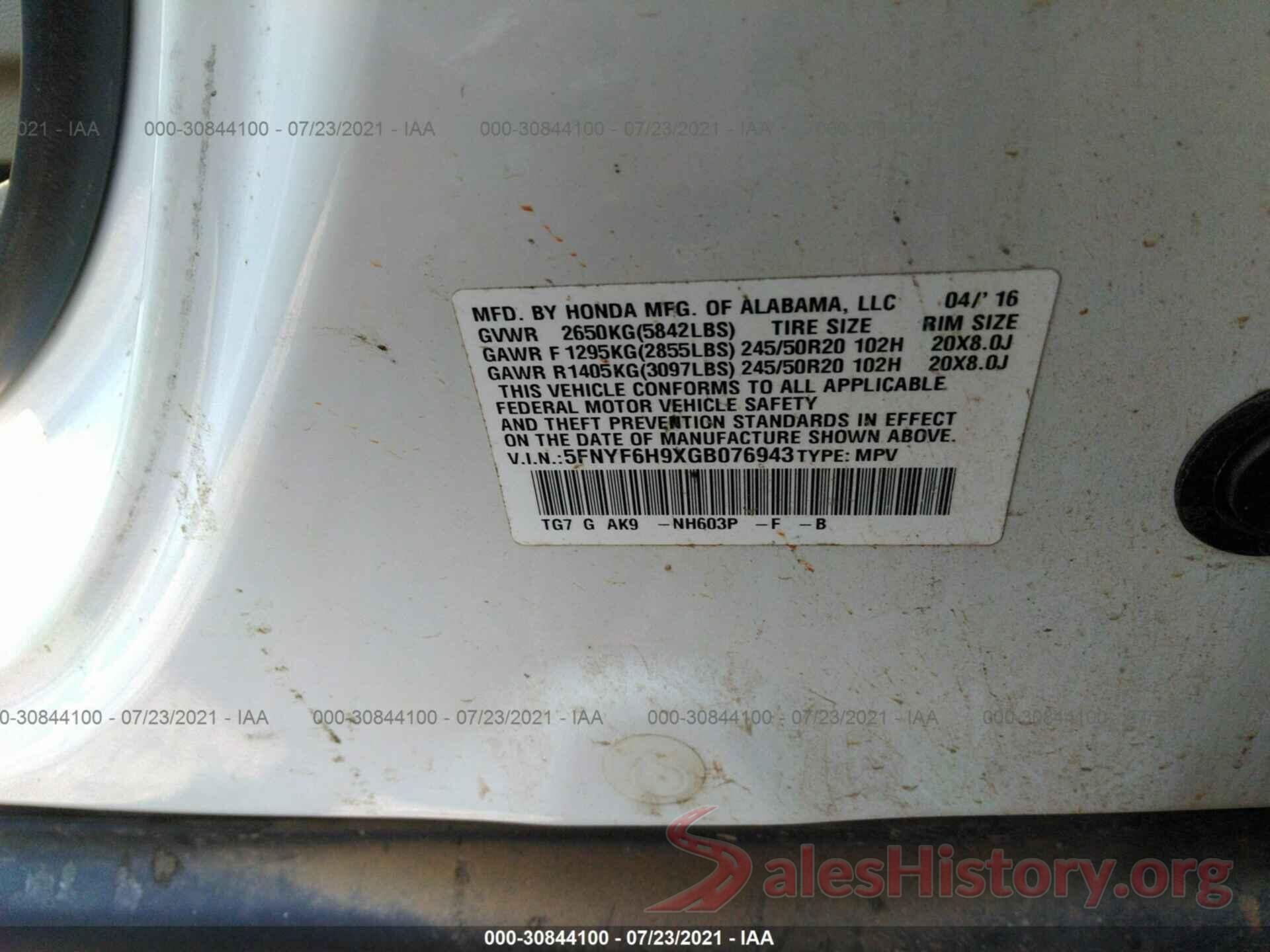 5FNYF6H9XGB076943 2016 HONDA PILOT