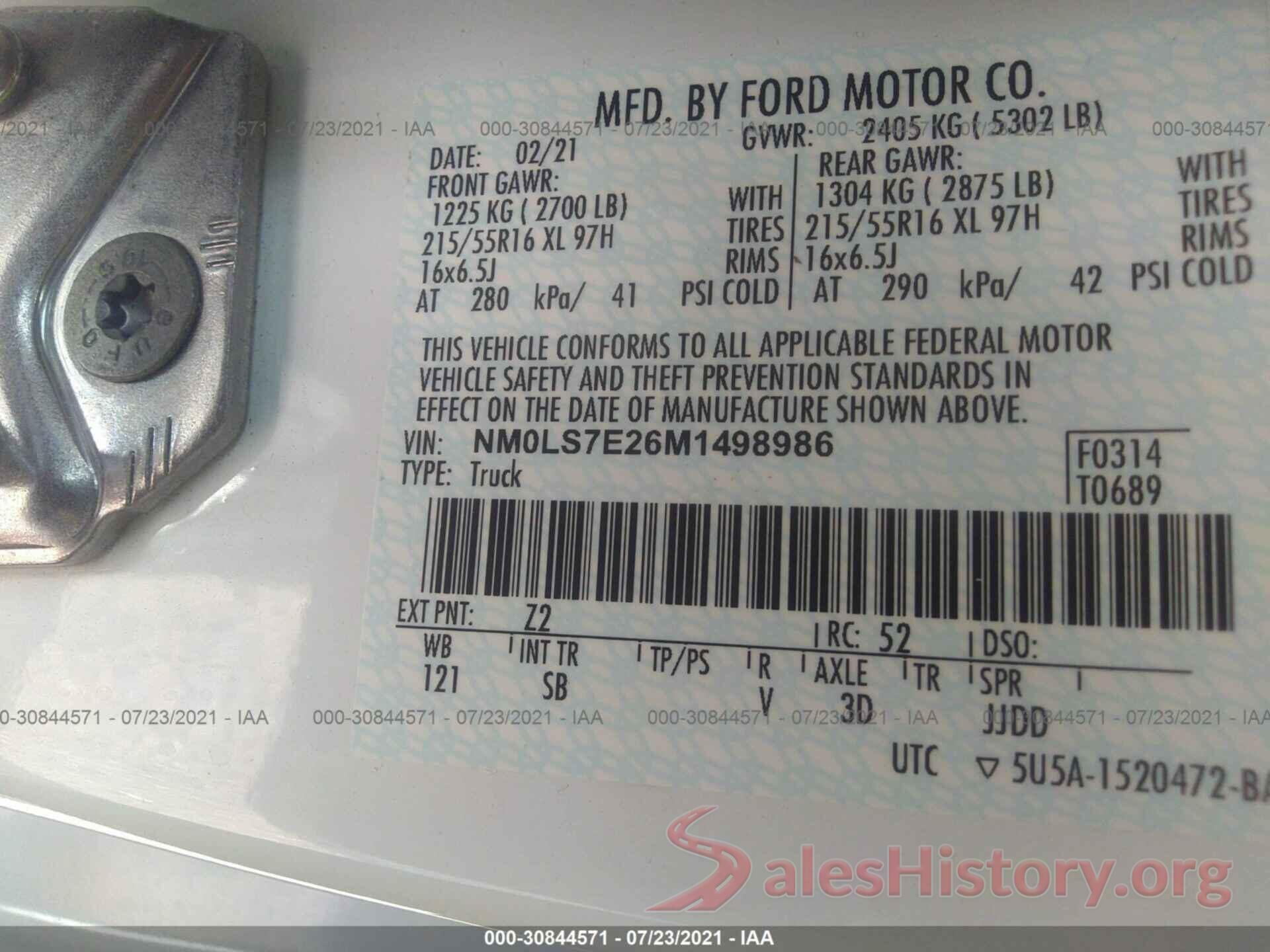 NM0LS7E26M1498986 2021 FORD TRANSIT CONNECT VAN