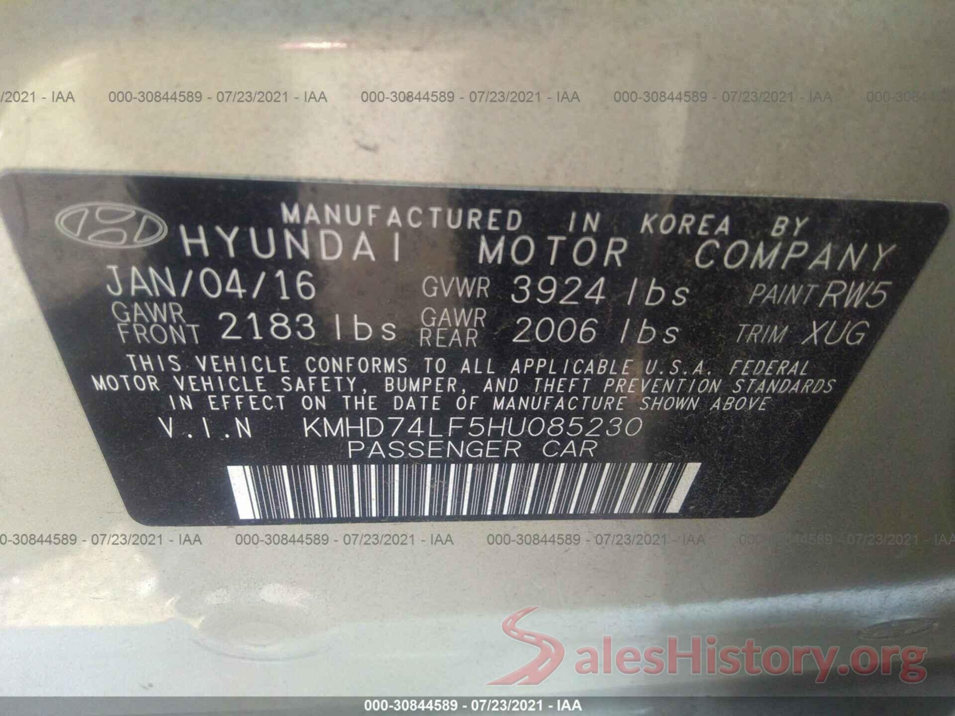 KMHD74LF5HU085230 2017 HYUNDAI ELANTRA