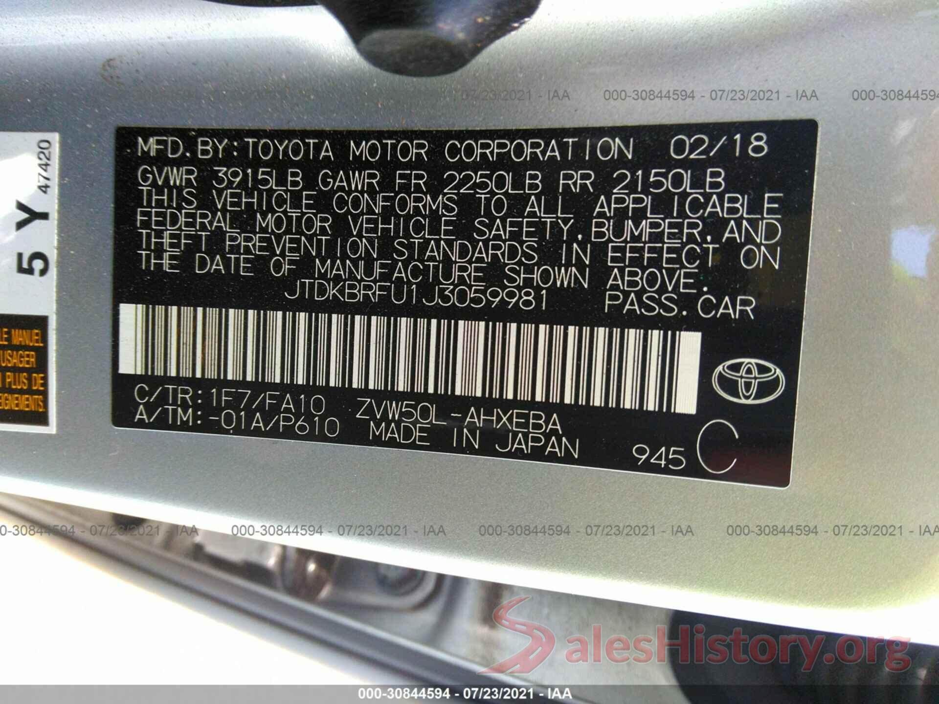 JTDKBRFU1J3059981 2018 TOYOTA PRIUS