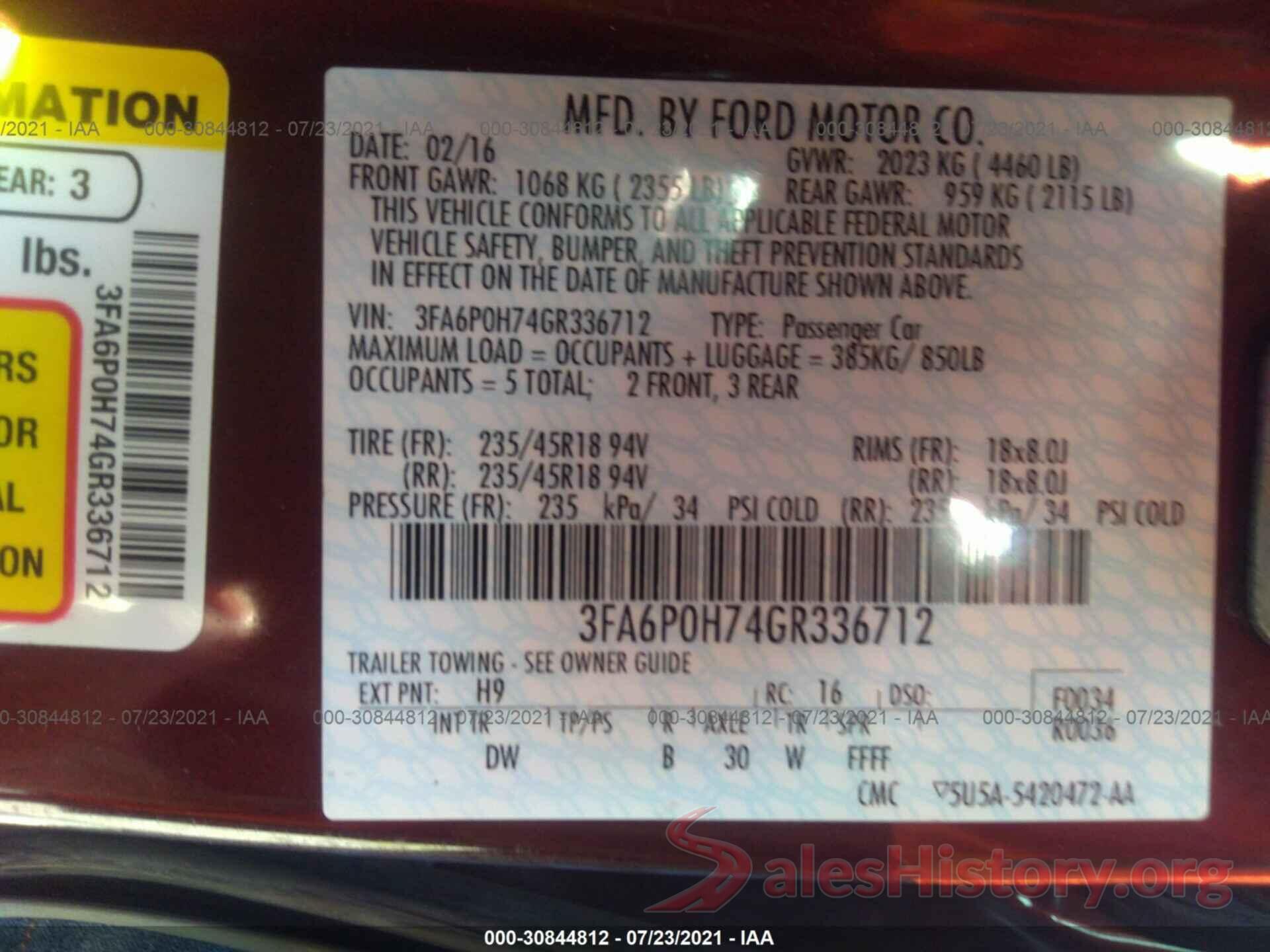 3FA6P0H74GR336712 2016 FORD FUSION