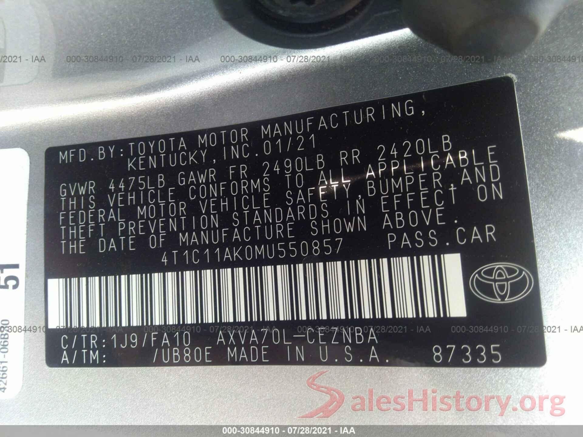 4T1C11AK0MU550857 2021 TOYOTA CAMRY