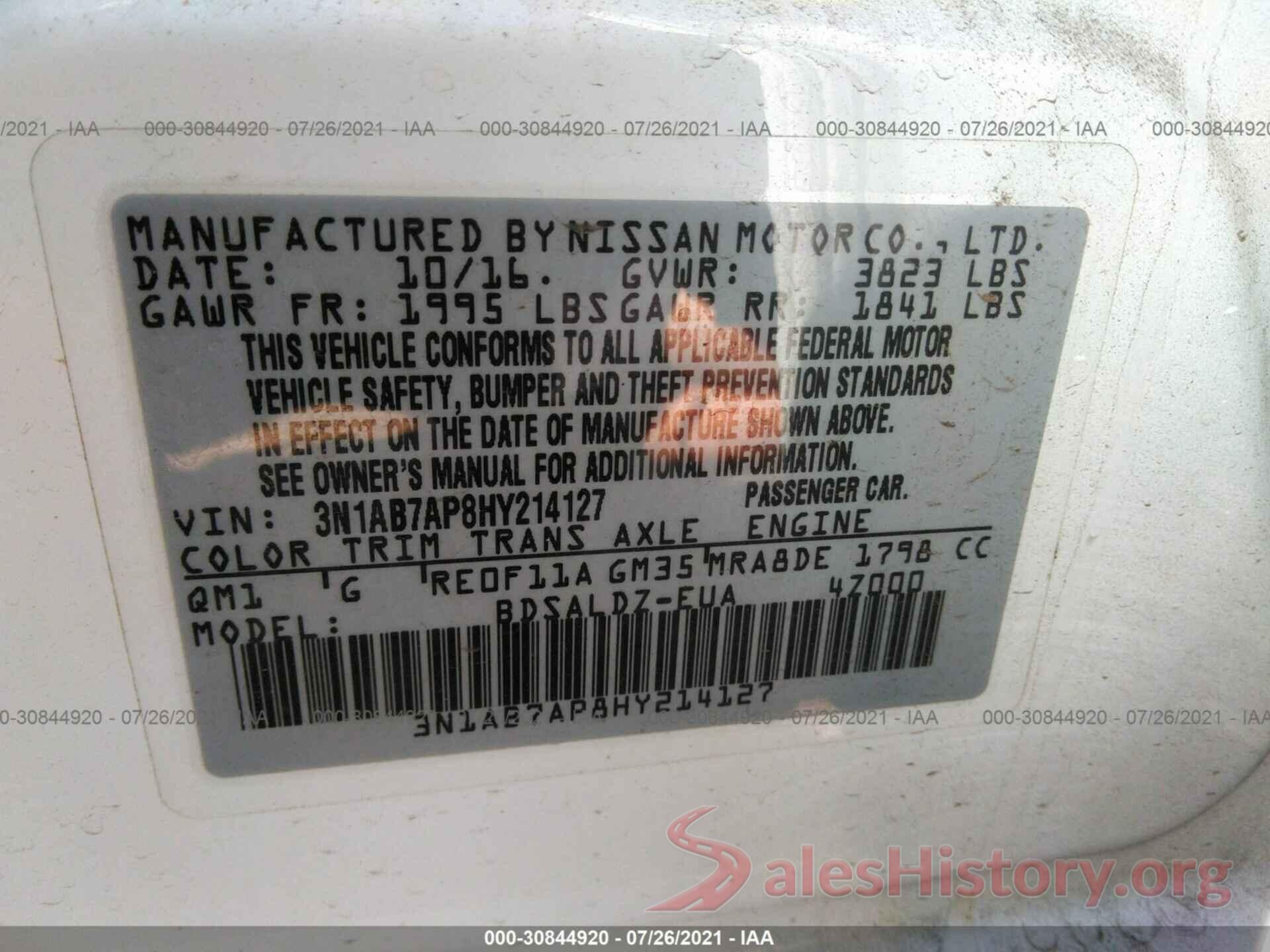 3N1AB7AP8HY214127 2017 NISSAN SENTRA