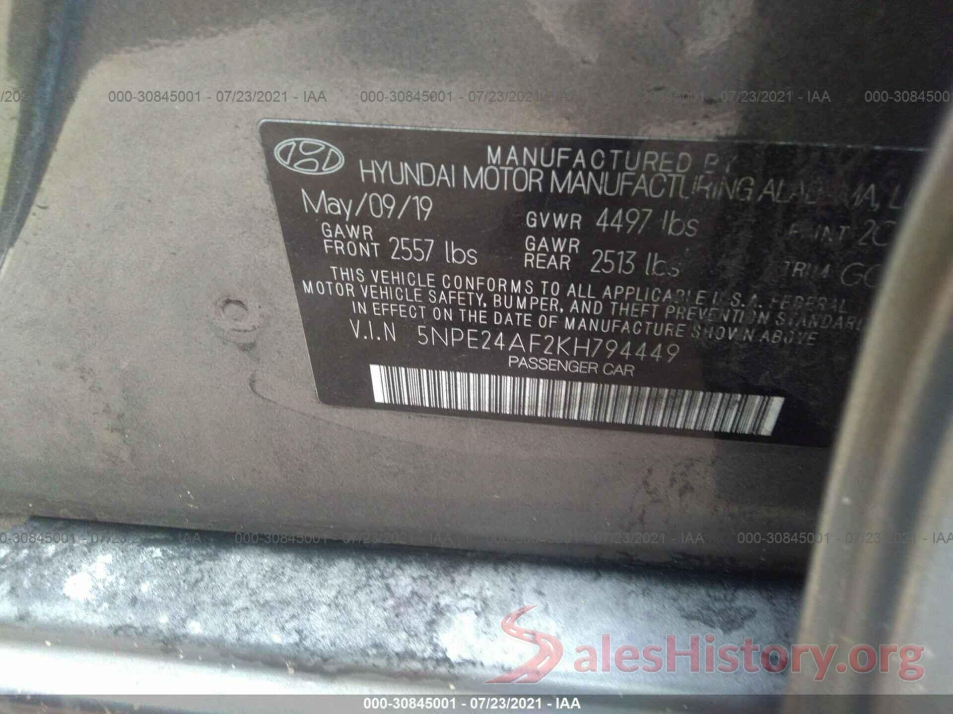 5NPE24AF2KH794449 2019 HYUNDAI SONATA