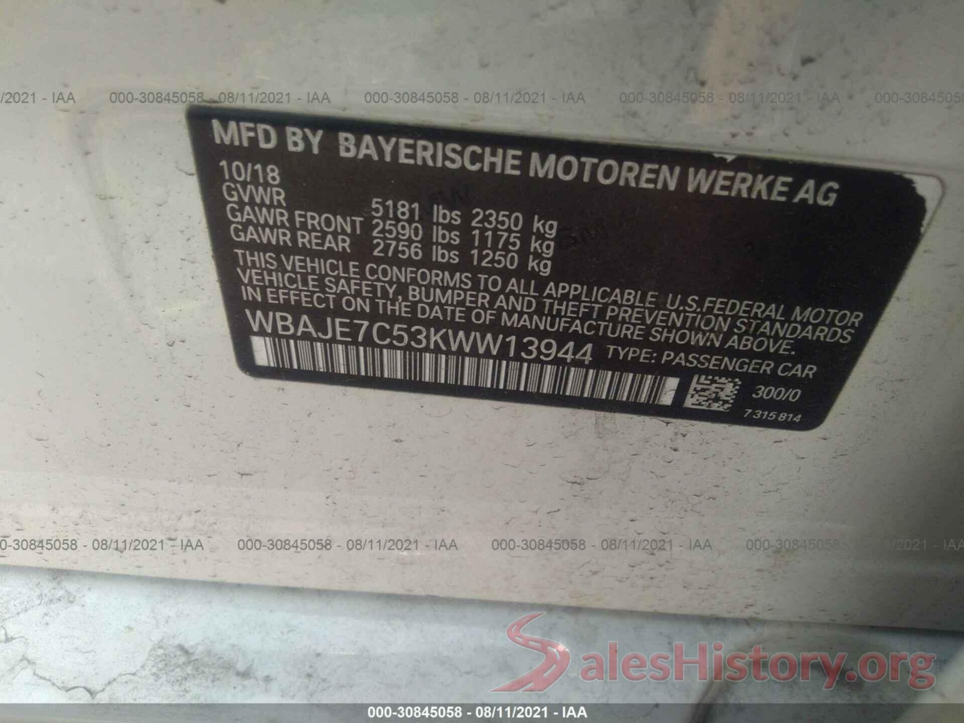 WBAJE7C53KWW13944 2019 BMW 5 SERIES
