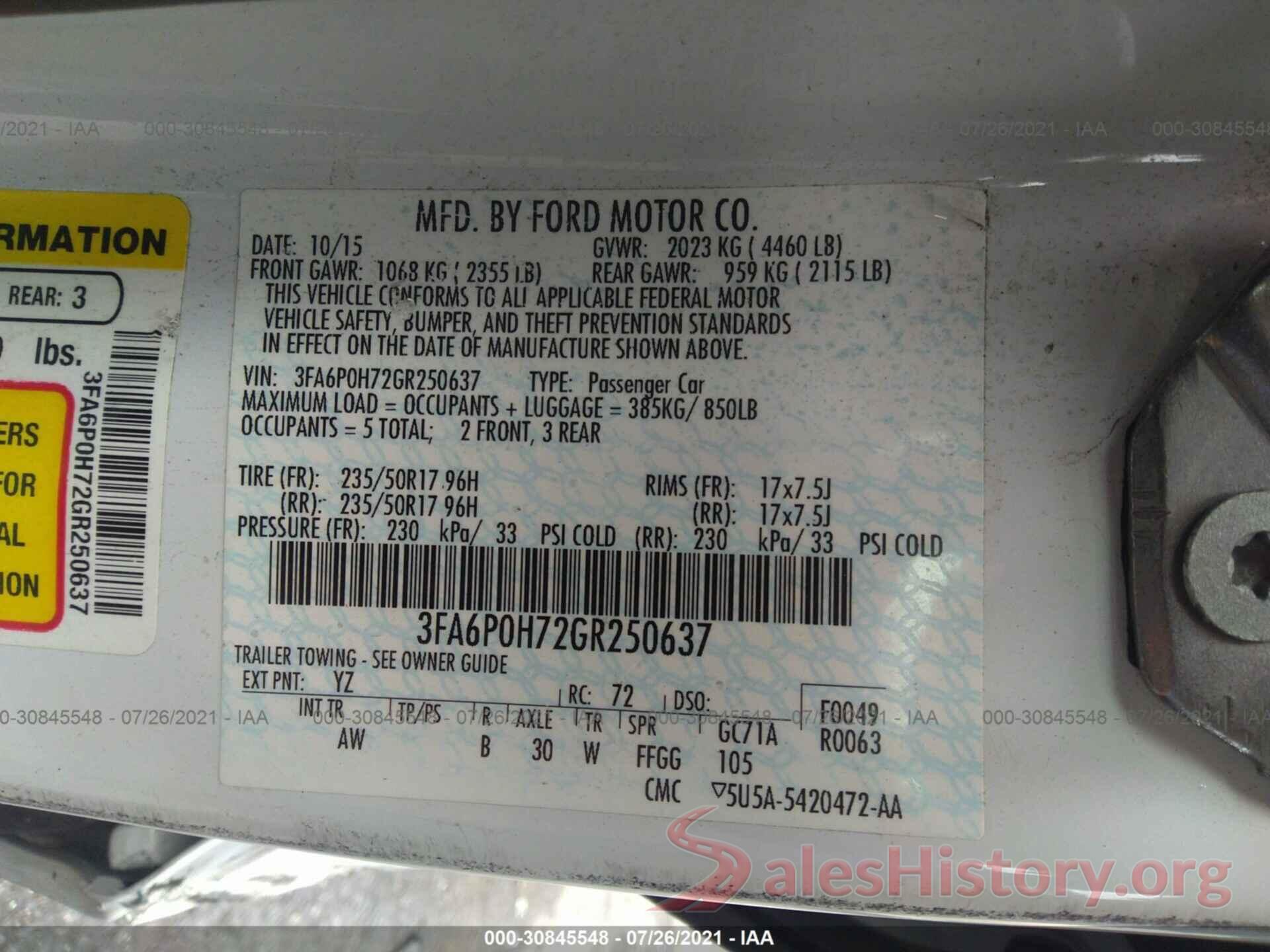 3FA6P0H72GR250637 2016 FORD FUSION