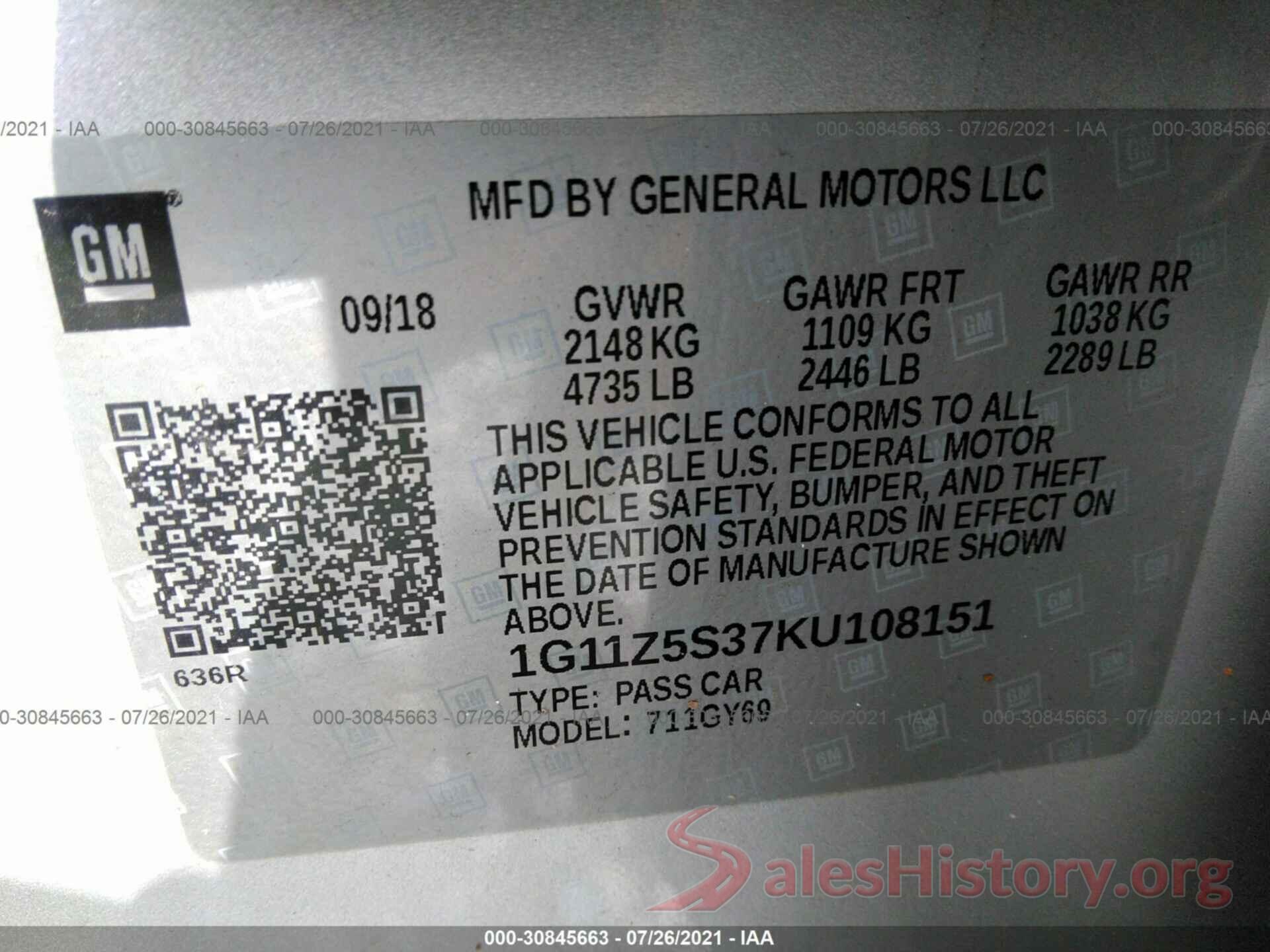 1G11Z5S37KU108151 2019 CHEVROLET IMPALA