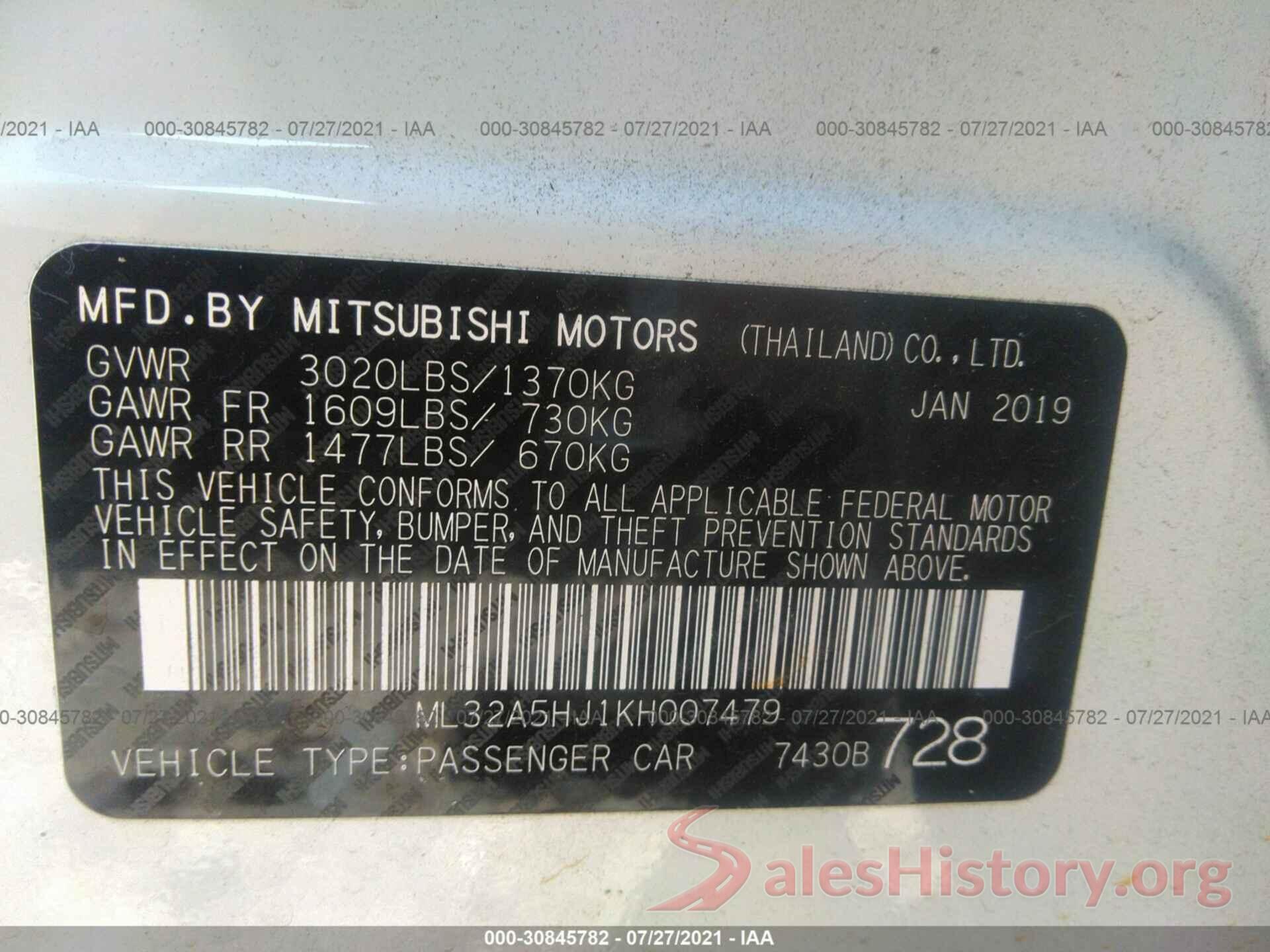 ML32A5HJ1KH007479 2019 MITSUBISHI MIRAGE