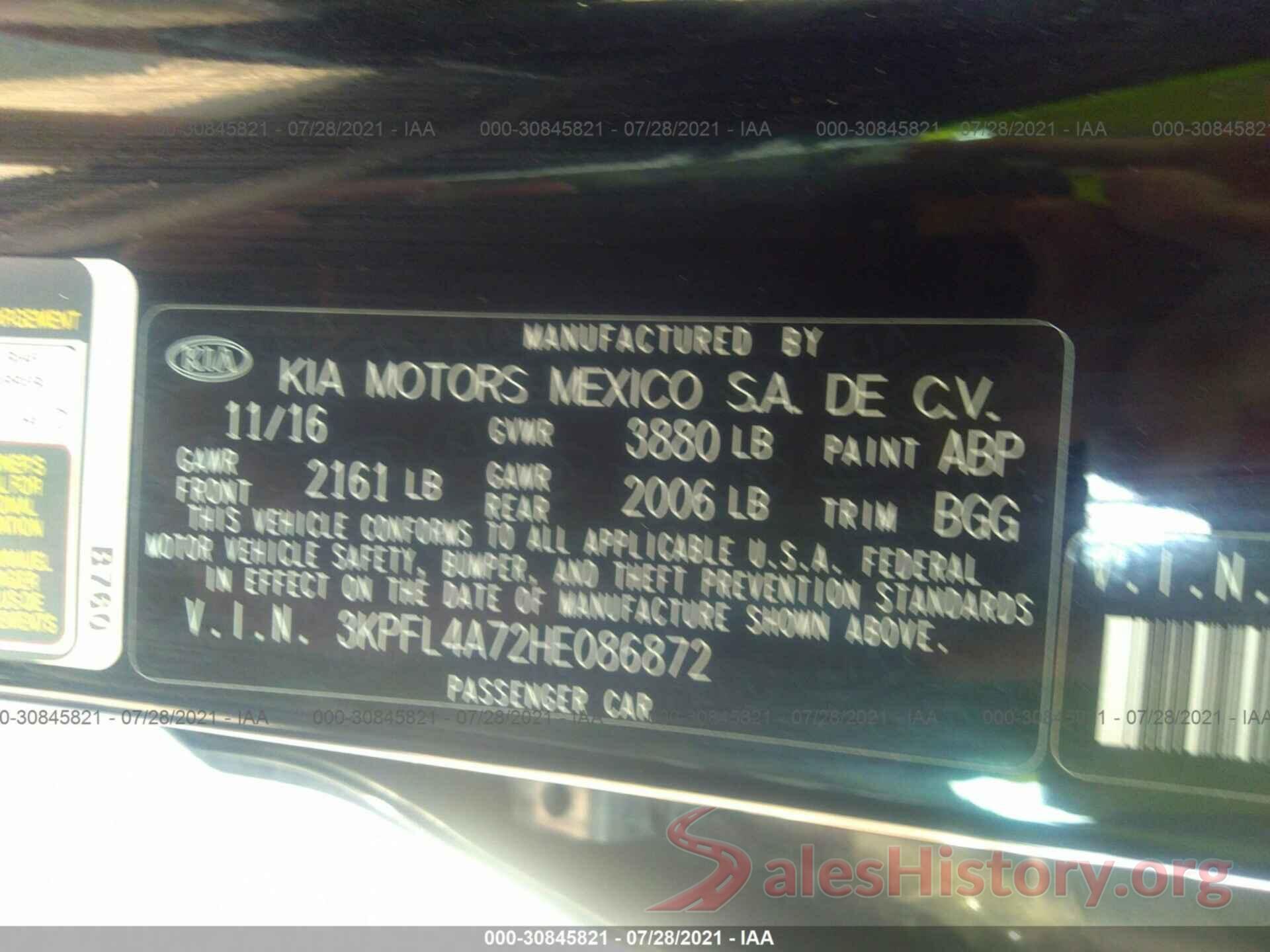 3KPFL4A72HE086872 2017 KIA FORTE