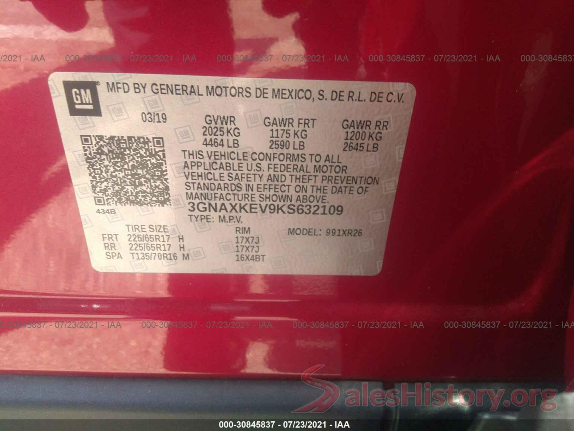 3GNAXKEV9KS632109 2019 CHEVROLET EQUINOX