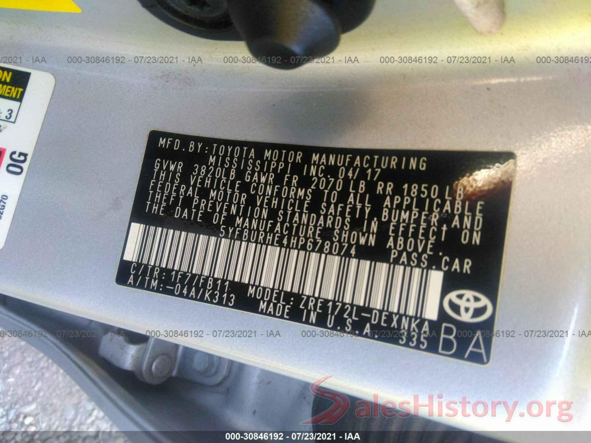 5YFBURHE4HP678074 2017 TOYOTA COROLLA